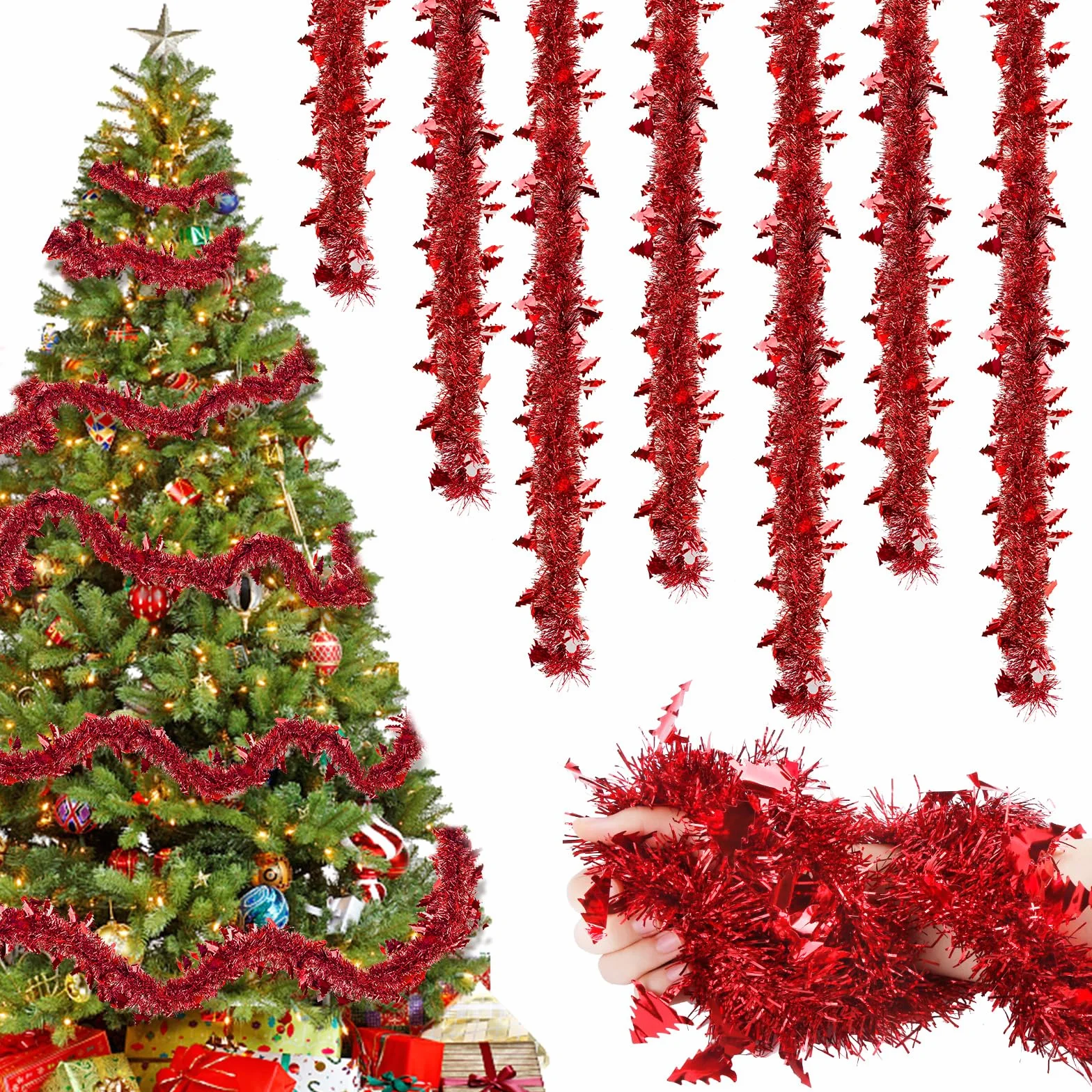 8 Piezas Guirnalda de Oropel Navidad, 16M Espumillón Metálica Brillante, Rojo Decoracion Arbol de Navidad Adornos, Rojo Brillante Espumillón para Árbol de Escaleras Chimenea