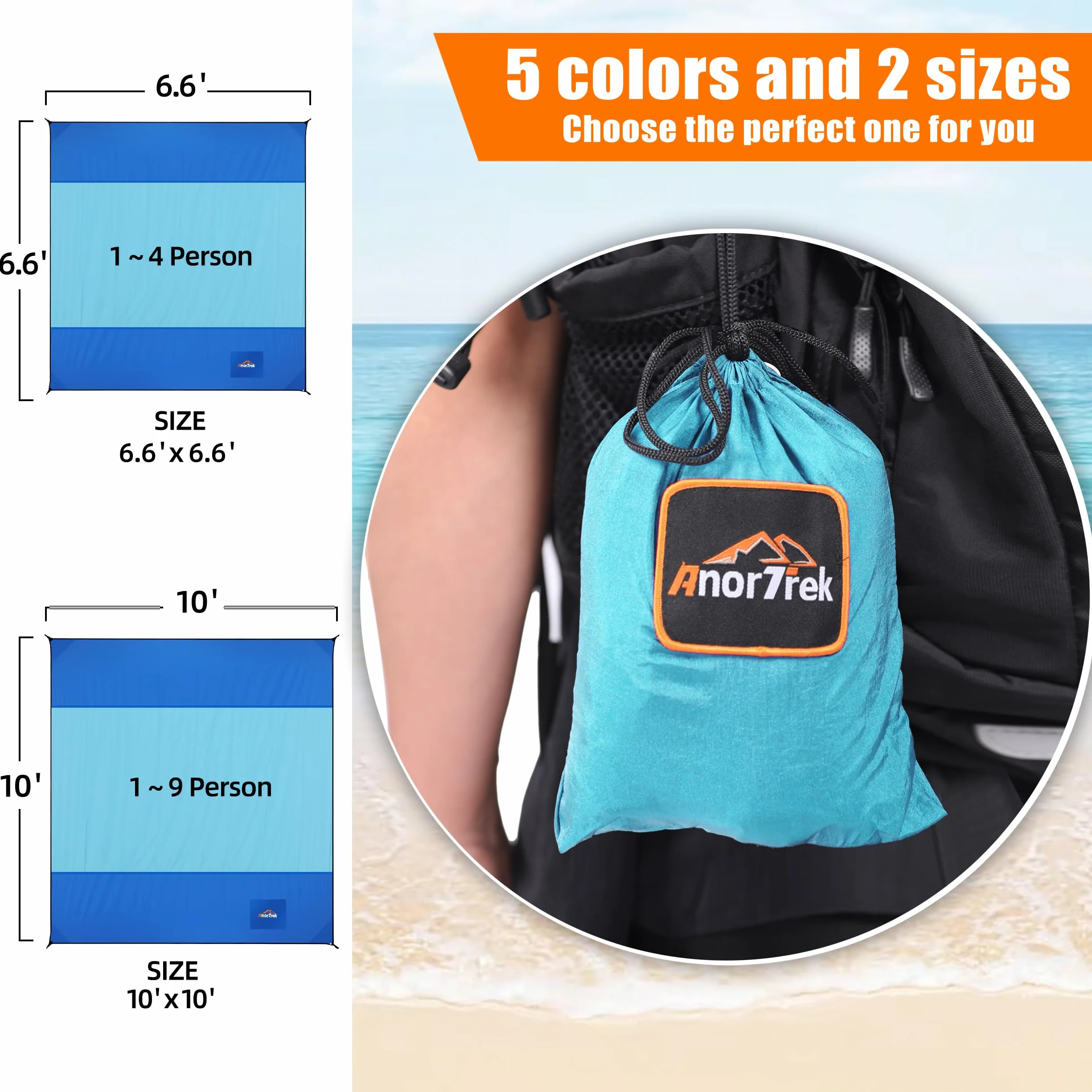 AnorTrek Toalla de Playa Impermeable Extra Grande 200 x 200 cm Secado rápido
