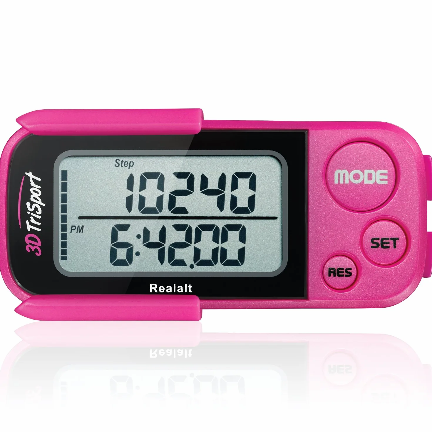 Realalt 3DTriSport Podómetro 3D con Clip y Correa, Incluye eBook, Memoria de 30 días, Distancia recorrida en Millas/km, Contador de calorías, Monitor de Tiempo de Ejercicio Diario