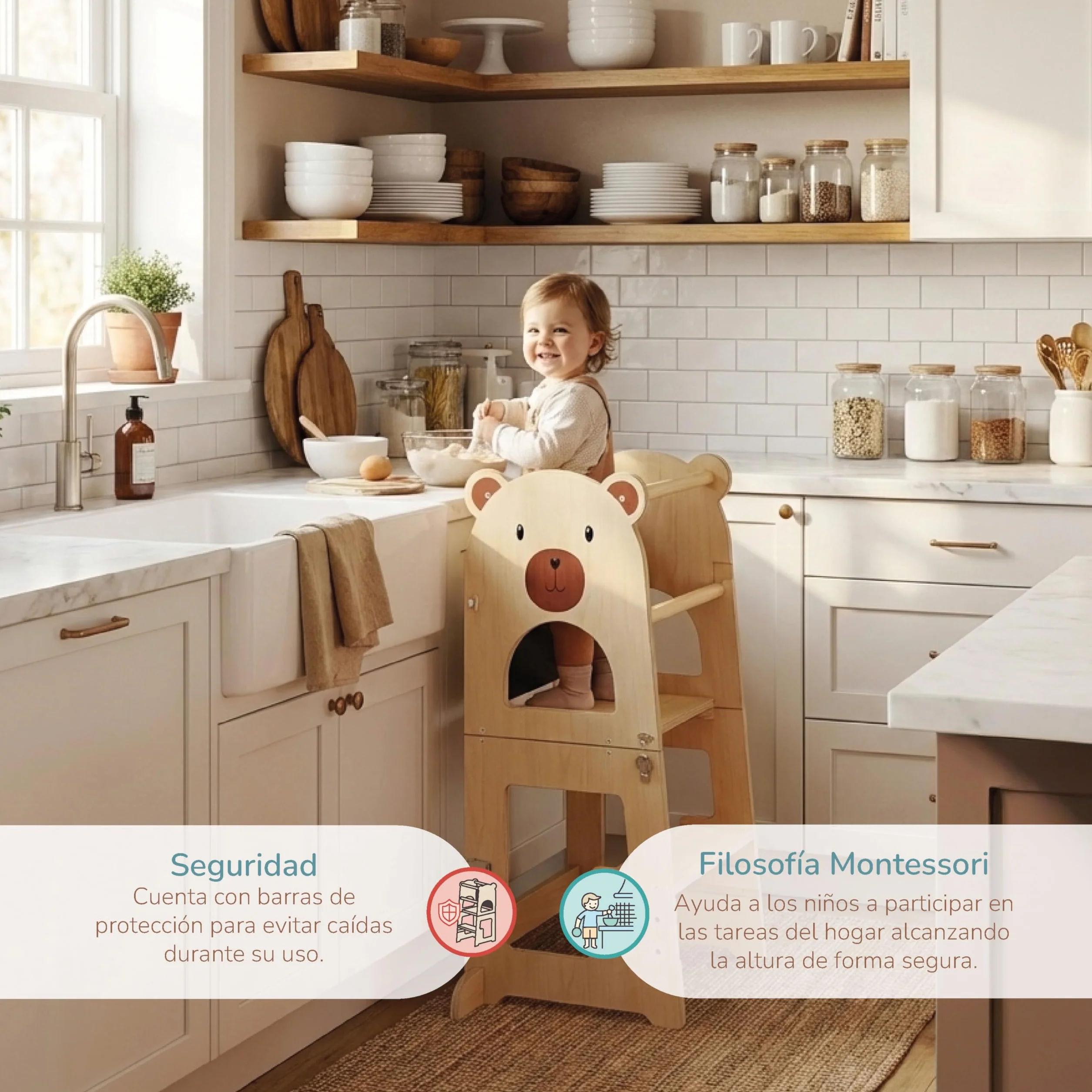 Buddy Baby Xperimenta Torre de Aprendizaje Madera Maciza Montessori Convertible Escritorio Infantil Taburete Cocina Plegable Barra Seguridad
