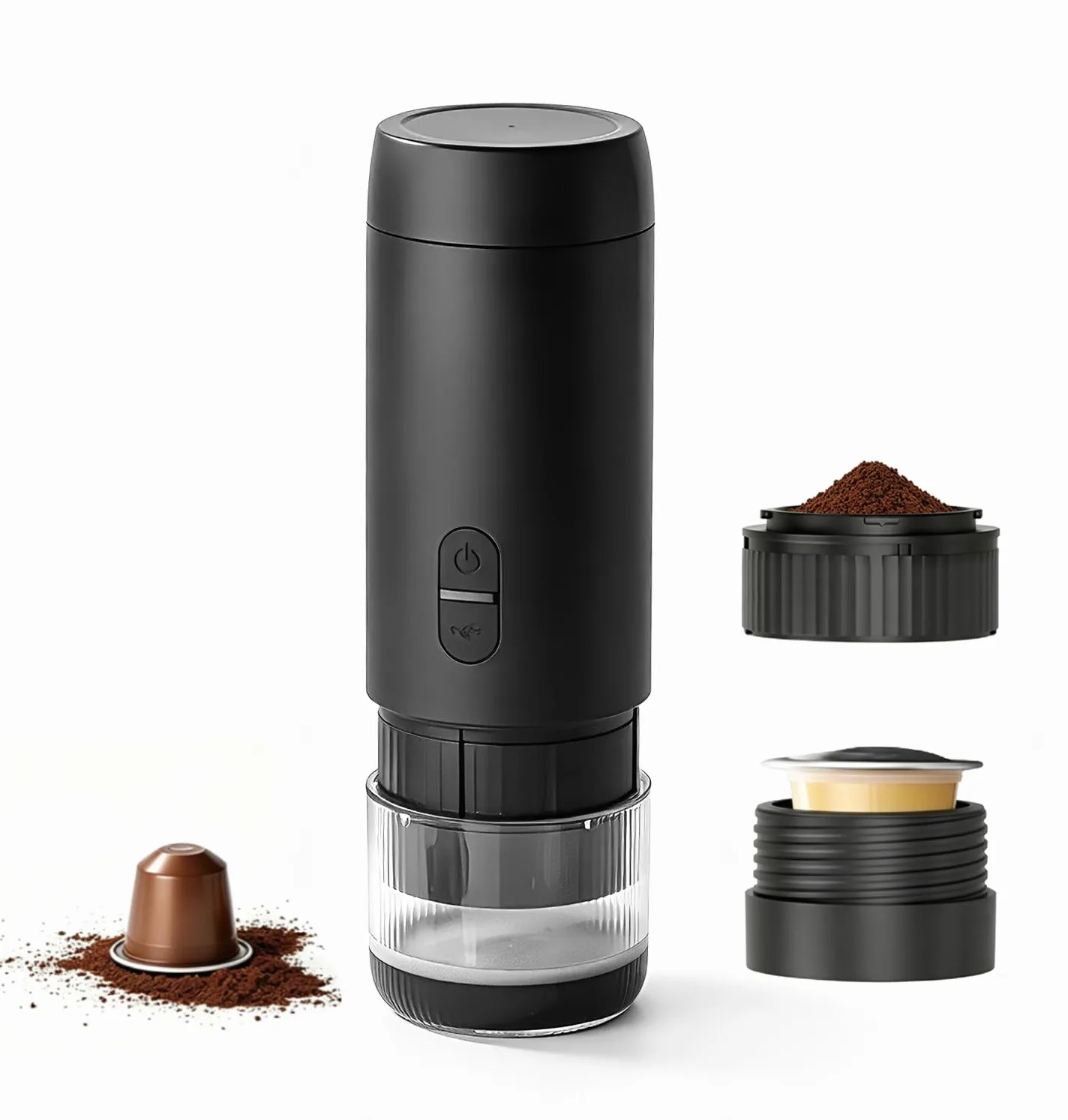 Cafetera espresso eléctrica portátil, para café molido y cápsulas | Cafetera de viaje 2 en 1, presión 20 bares, recarga USB-C, diseño compacto, para camping, coche y picnic