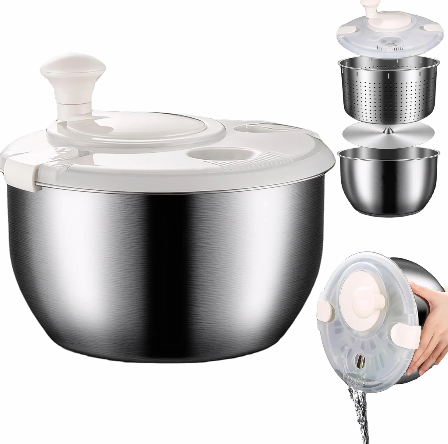 Centrifugador de ensalada de acero inoxidable de 6 L, secador de verduras y lavadora de bayas de grado comercial, diseño de doble capa a prueba de óxido con boquilla de drenaje rápido
