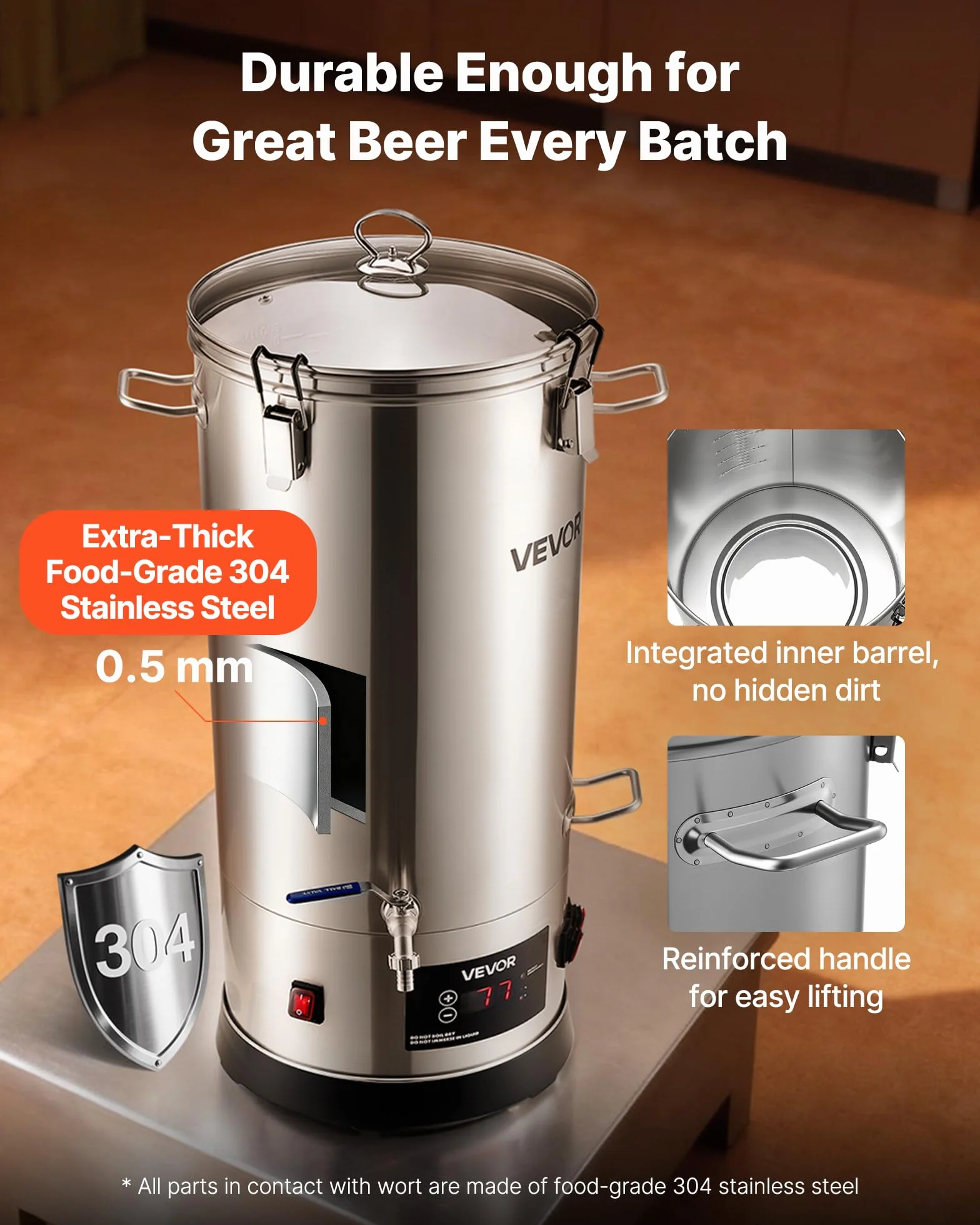 VEVOR Sistema Eléctrico de Elaboración de Cerveza, Olla de Cocción de 30 L, Carcasa de Acero Inoxidable 304, Macerador con Barril Interior Integrado, Asa y Grifo Reforzados, 420 x 325 x 720 mm
