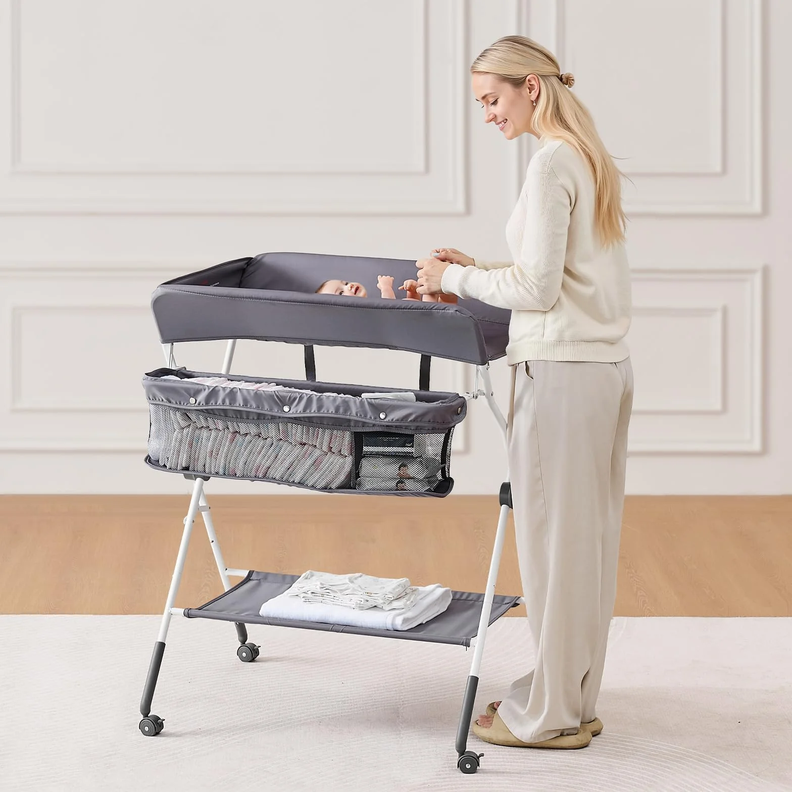 VEVOR Cambiador para Bebé Plegable Portátil 848 x 745 x (1030-1090) mm con Cesta Lateral Ruedas Bloqueables Gris Oscuro