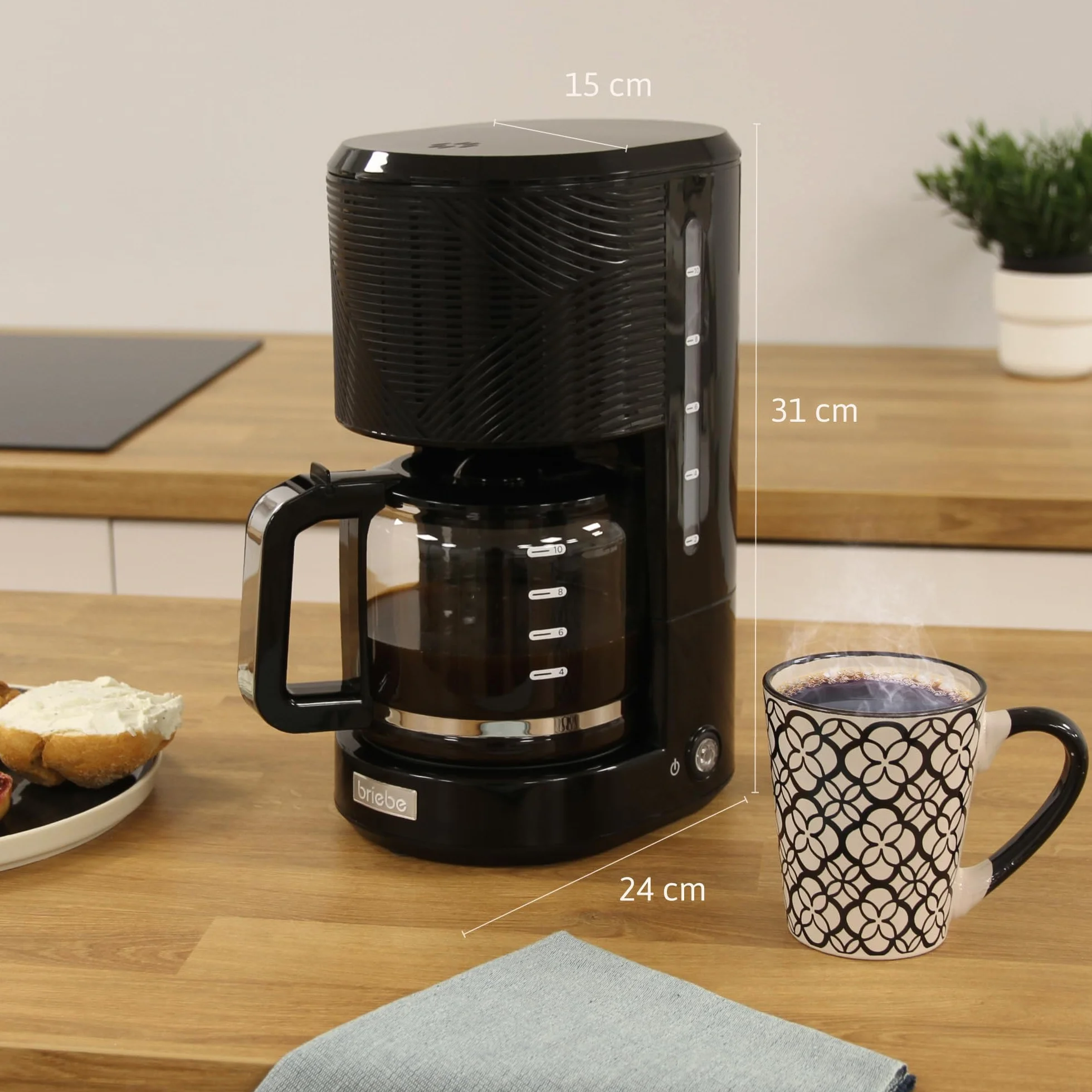 briebe Elegance Set Tostadora Pan Ranura Ancha 2 Rebanadas + Hervidor Agua Eléctrico 1,7L Inalámbrico 2200W Libre BPA + Cafetera Goteo Filtro 10 Tazas 1,25L, Pack Desayuno Diseño Moderno, Negro