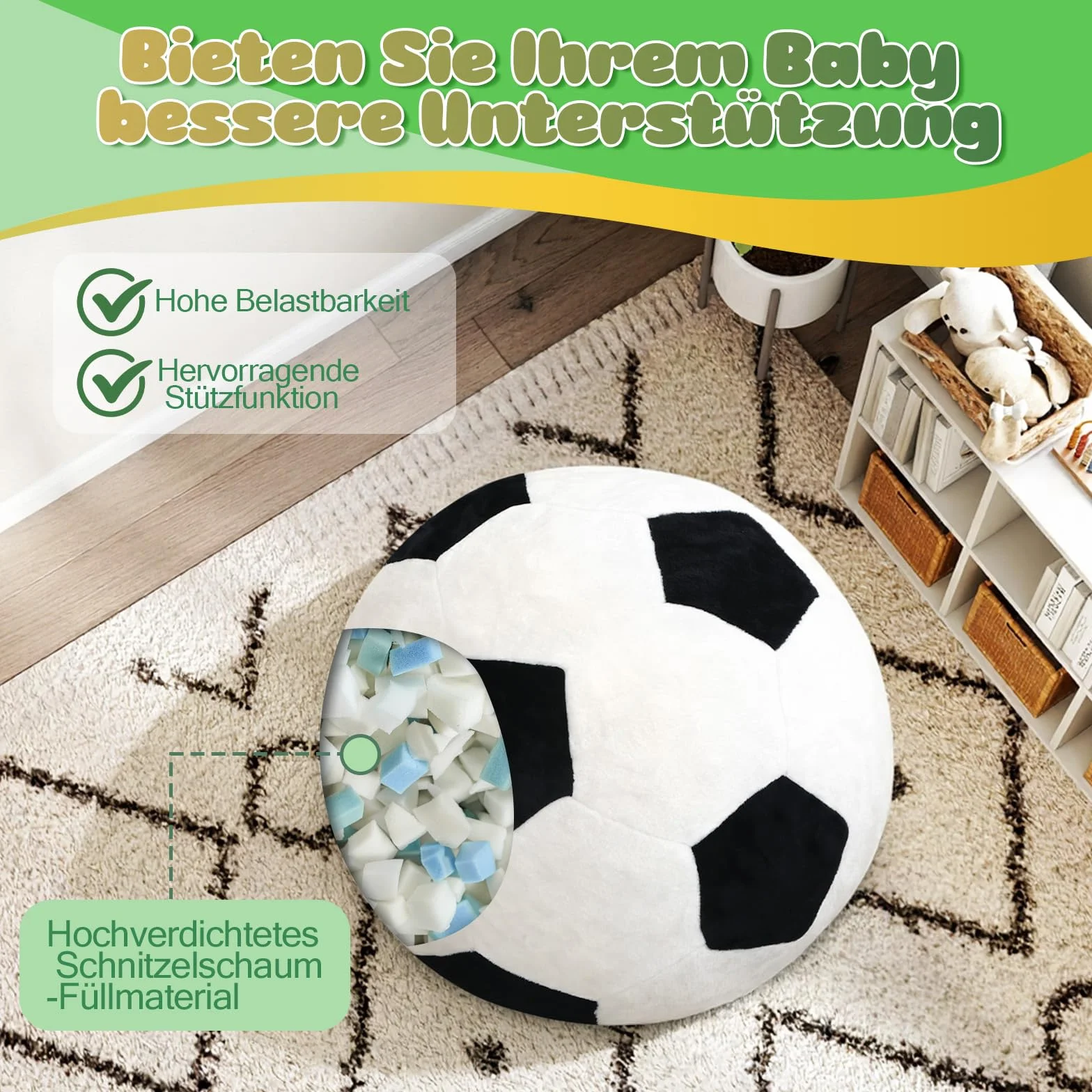 MeMoreCool Puf infantil diseño de fútbol – Suave franela Beanbag con relleno de espuma de alta densidad – Sillón acogedor para niños y niñas en el rincón de la habitación infantil y sala de juegos