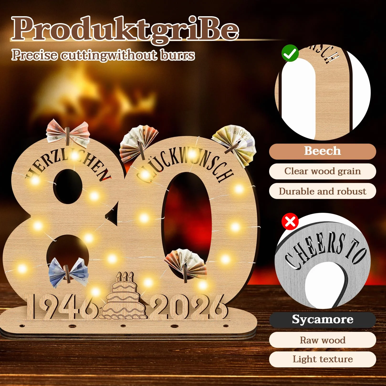2026 80 cumpleaños decoración mujer hombre, regalos para 80 cumpleaños hombre regalos placa de madera con LED, 80 cumpleaños hombre libro de visitas regalo dinero regalos cumpleaños