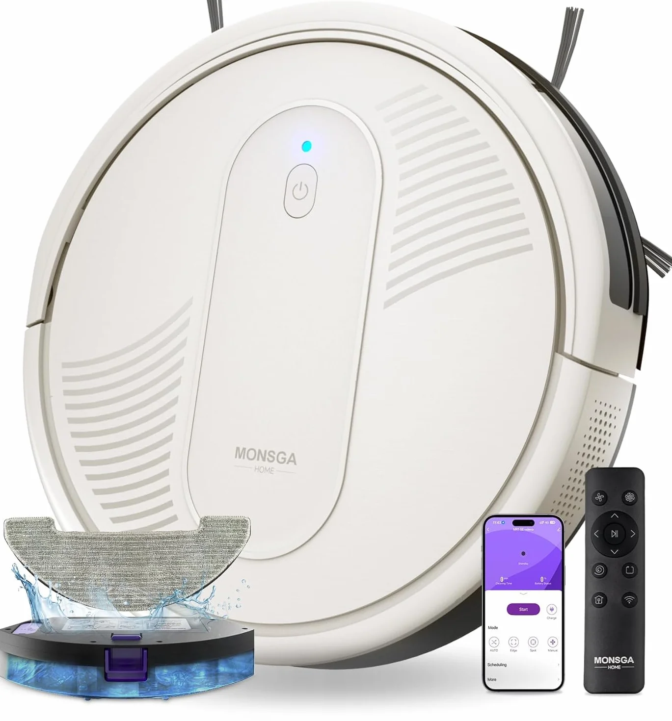 MONSGA Robot Aspirador,Robot Aspirador y Fregasuelos 4000Pa Presión de Succión, Autonomía 140 Minutos, Sensores Anticaídas y Cepillo Multifunción, TotalSurface, App Control (Beige)