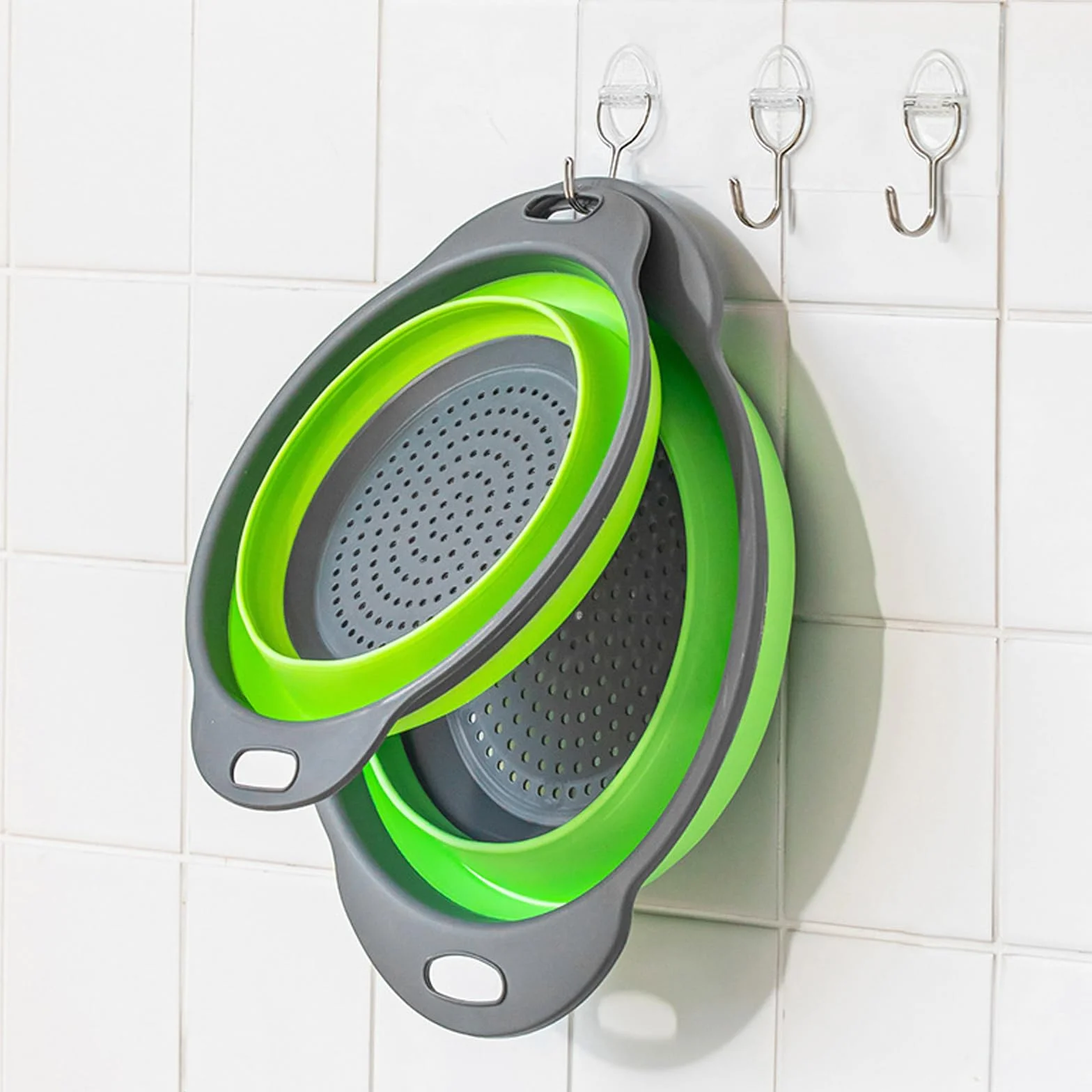 Newpop 2 Piezas Colador de Cocina, 2 Tamaños Escurridor Plegable, Colador Plegable Silicona, Fácil de Limpiar Escurridor de Verduras para Escurrir Pasta, Frutas, Verduras (Verde 25+29Cm)