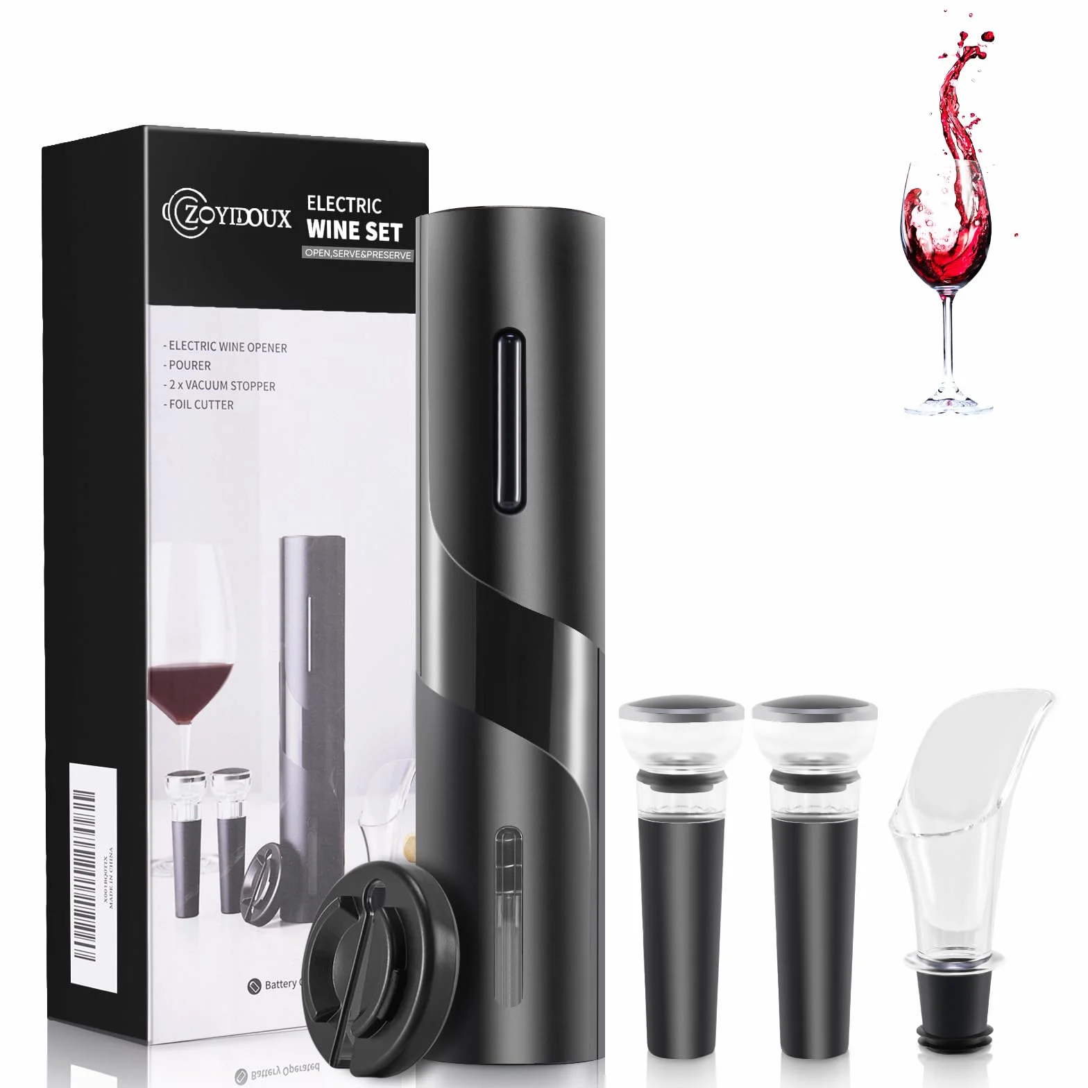 Abridor de vino electrico 5 en 1 Juego, sacacorchos eléctrico Portátil, set sacacorchos electrico, con cortador de papel de aluminio, 2* Tapón de Vino Silicona de Vacío y Vertedor de Vino