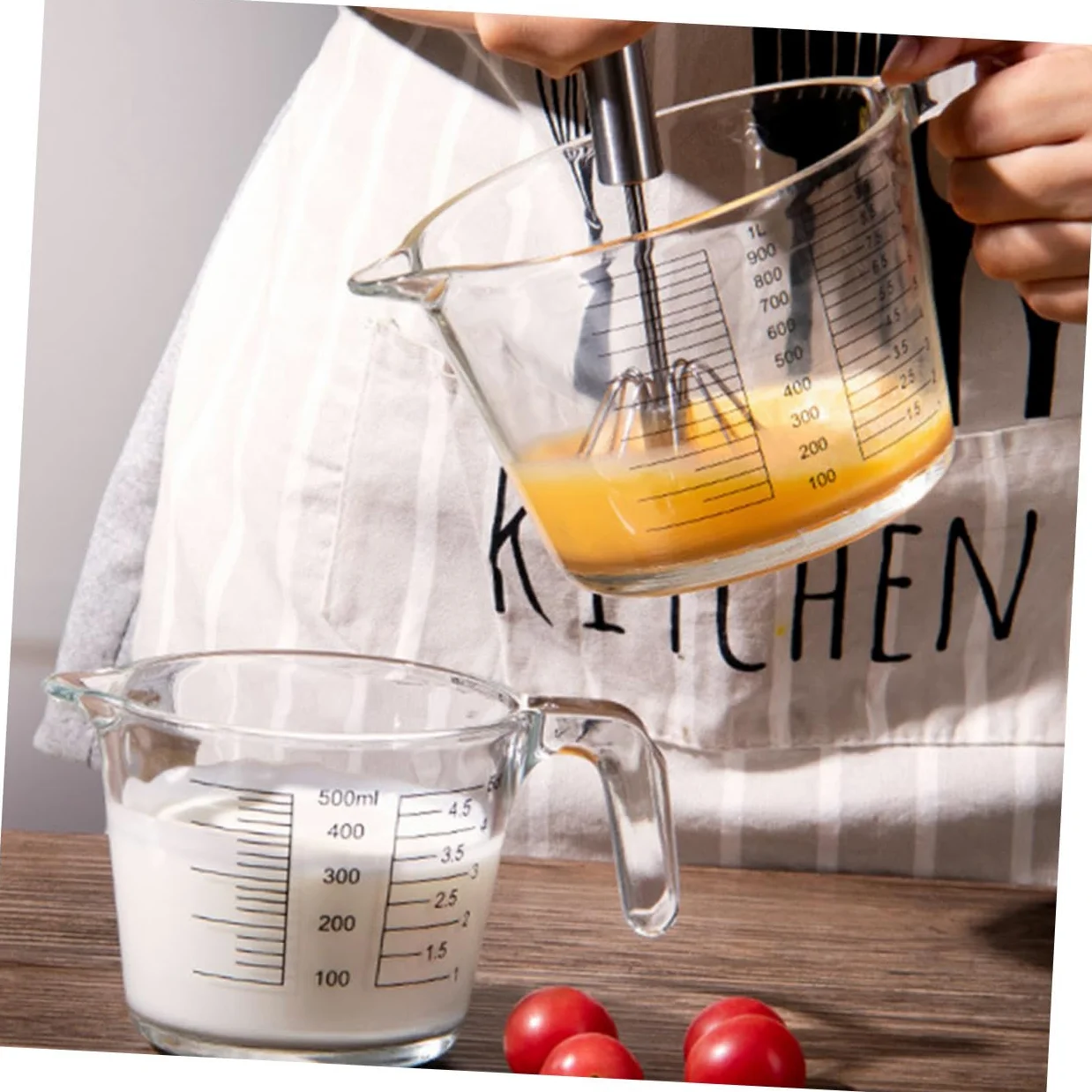 Cabilock Vaso Jarra al Calor Resistente con Vidrio Medidor Tapa Medidora Madera Escala Práctica Medir para Cocina, Adecuado Líquidos y Aceites