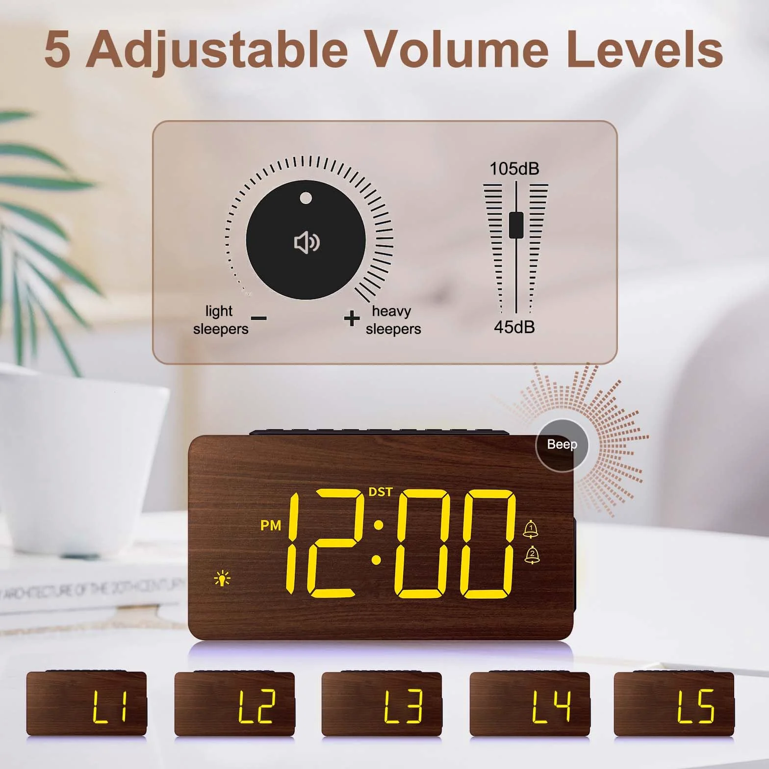 Reloj despertador digital de madera para dormitorios, alarma extra fuerte para personas que duermen mucho, volumen y brillo ajustables, DST, doble uso como reloj de escritorio/pared, elegante