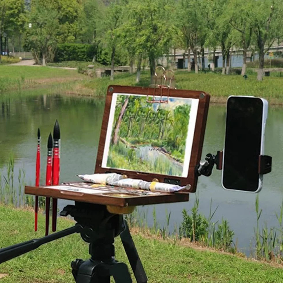 Paleta de acuarela portátil de madera de nogal negro de 27 rejillas, bandeja de pintura de viaje plegable con área de mezcla y recipiente de lavado de pinceles, rejilla desmontable para multipintura