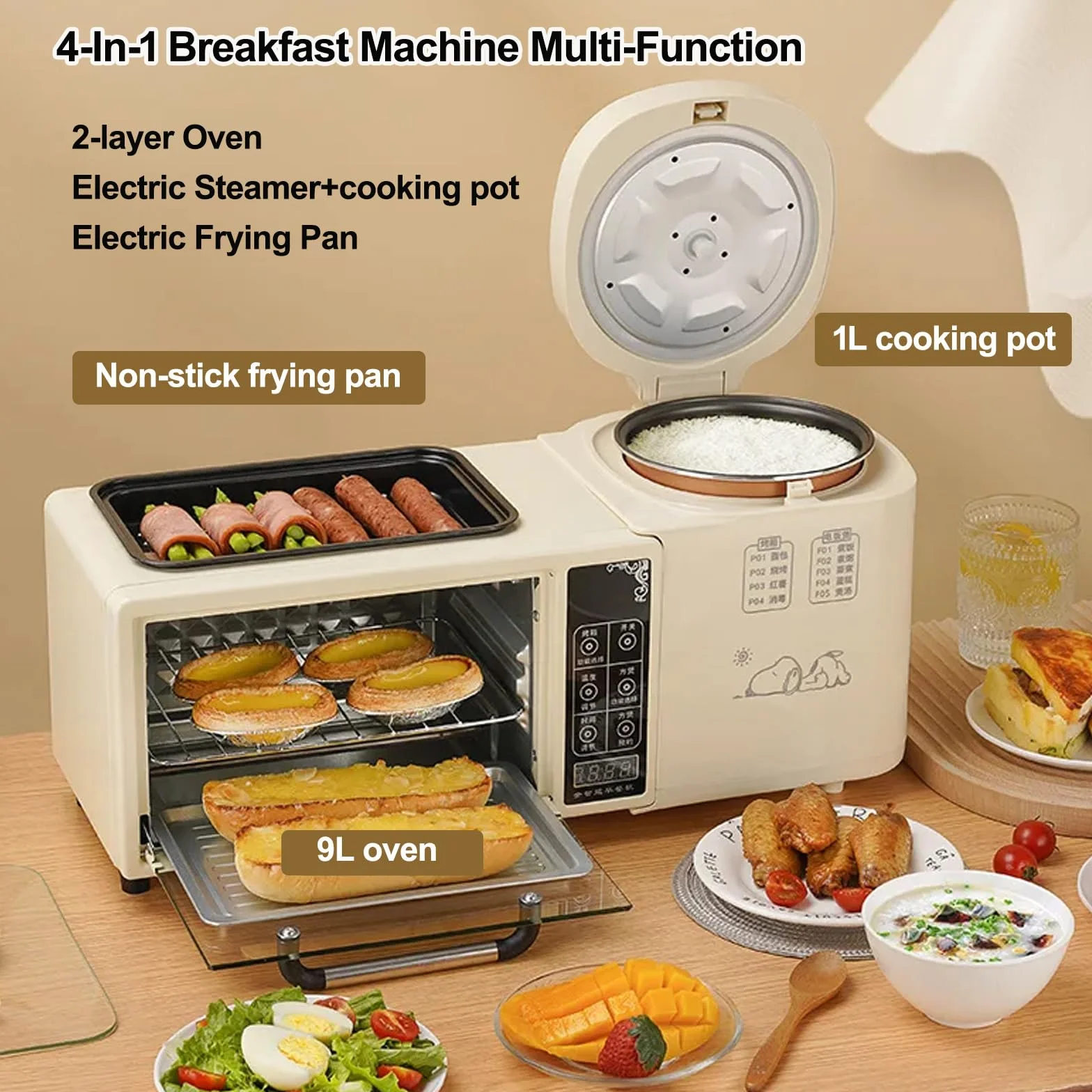 Estación de Desayuno 4 en 1, Máquina Para Hacer Desayuno Inteligente Multifunción con Horno de 2 Capas, Vaporera Eléctrica de 1 Litro y Sartén Eléctrica, Control de Temperatura Independiente, D white