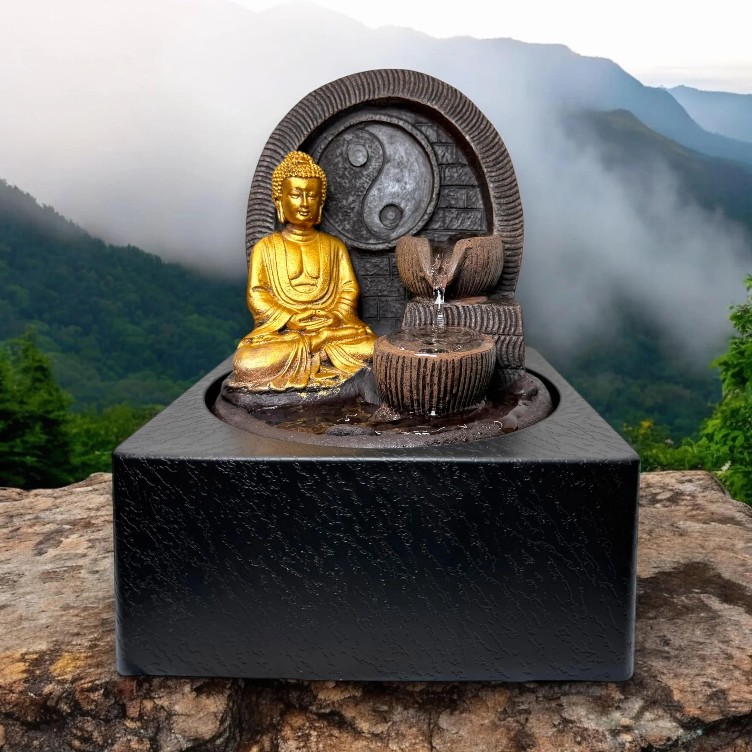 HOSTENATURA Fuente de Buda con LED 18x18x23cm - Fuente de Interior de Resina