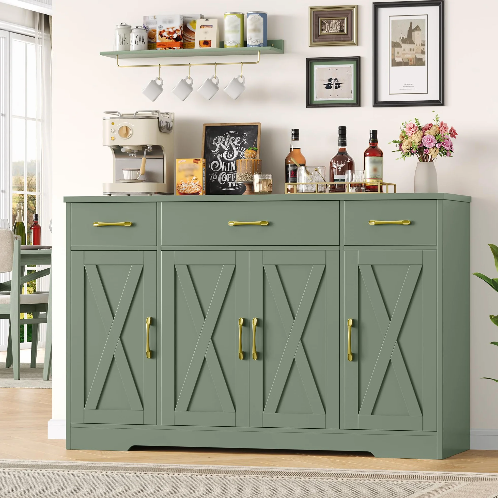HOCSOK Aparador 140cm, Armario de Cocina, Armario Almacenaje con 4 Puertas y 3 Cajones, Mueble Auxiliar de Cocina con Estantes, para Comedor Entrada Salón, Verde