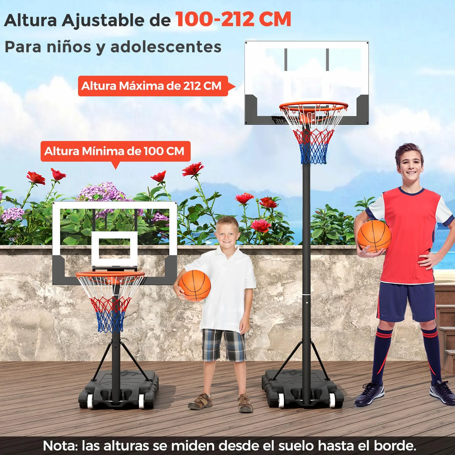 COSTWAY Canasta de Baloncesto Infantil Altura Ajustable 100-212 cm Base Rellenable Ruedas Portátil Interior Exterior