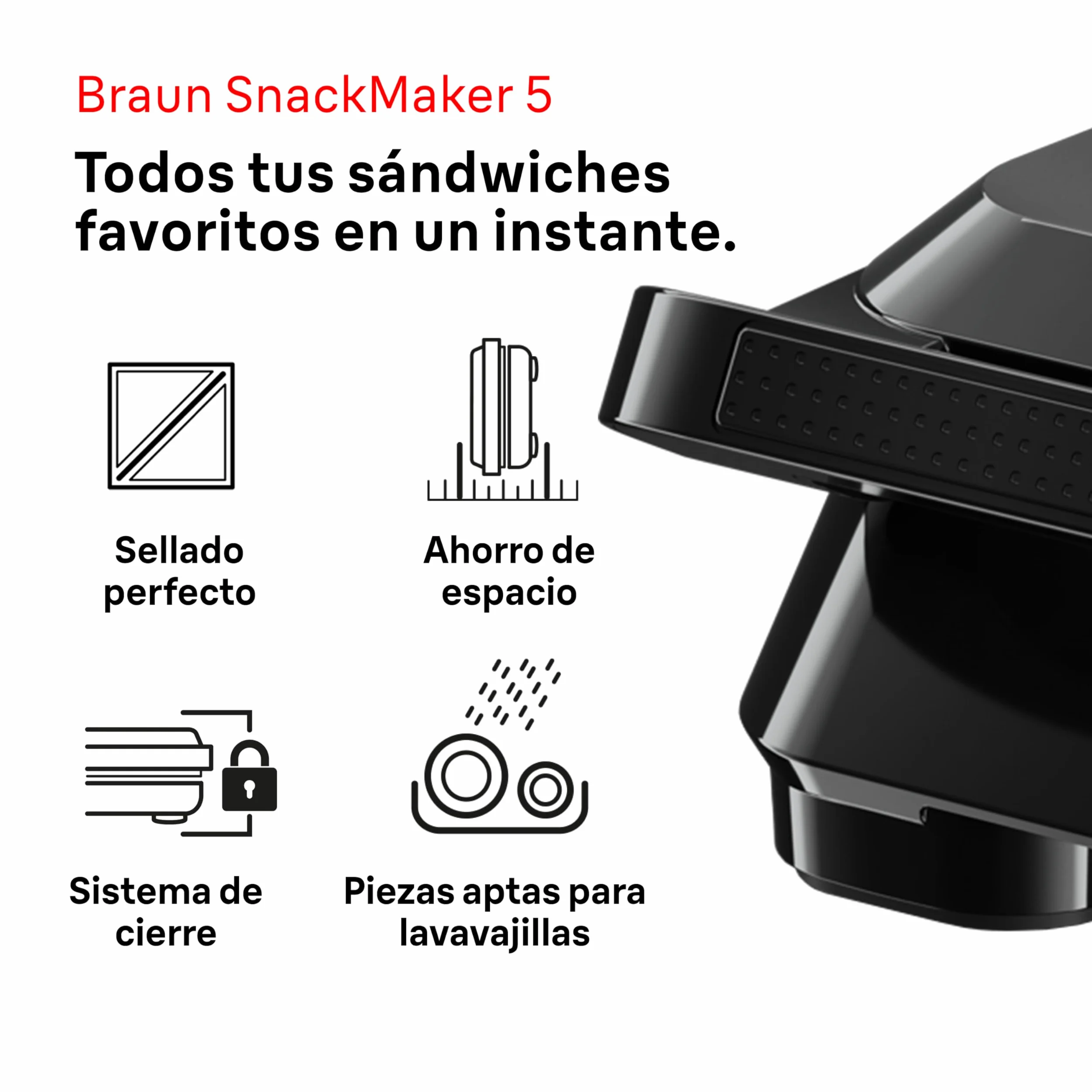 Braun SnackMaker 5 SM5000, Sandwichera con Placas de Sándwich Removibles, de Aluminio Fundido, Placas Lavables en Lavavajillas, 800W, Negro