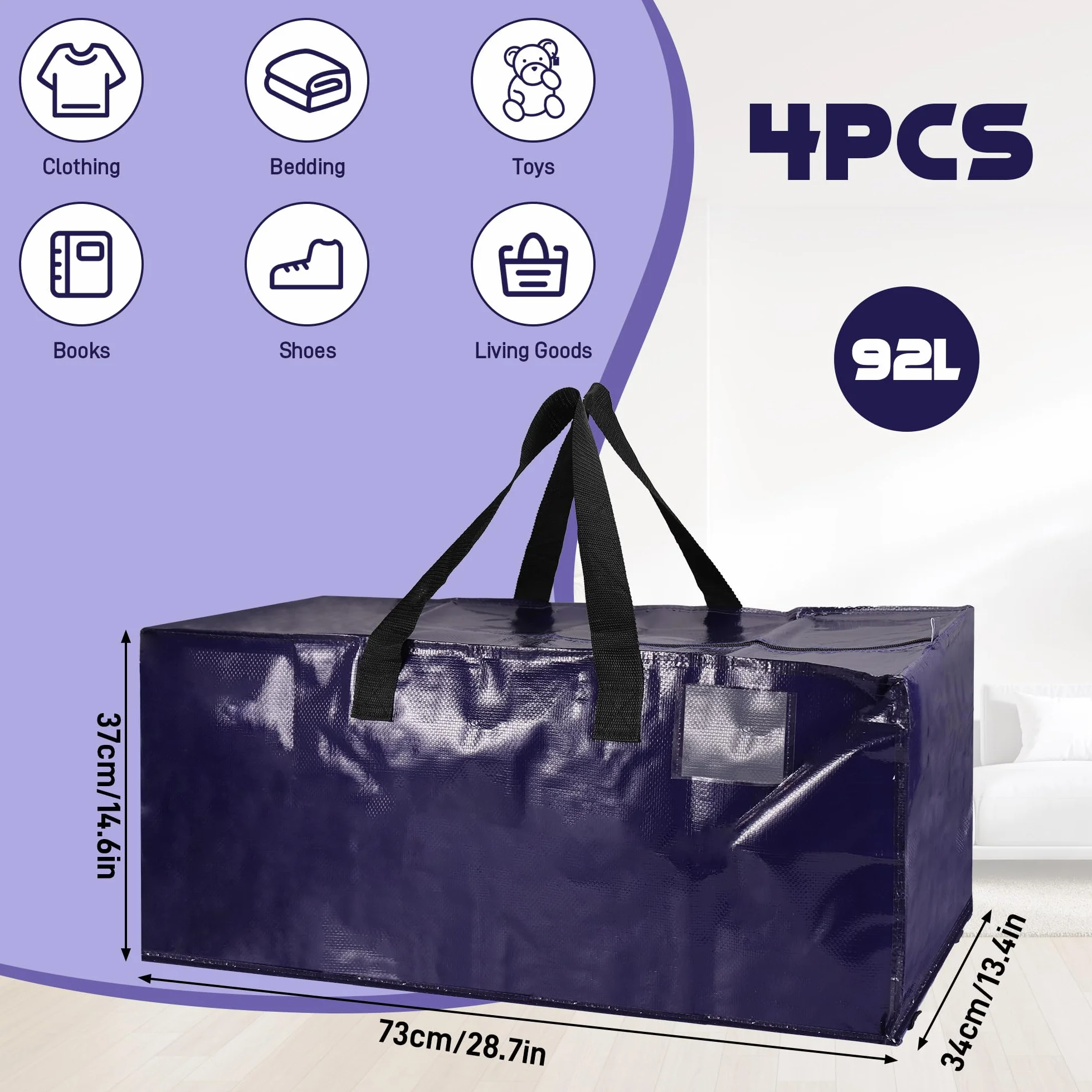4Pc Bolsa Mudanza Grande, 92L Bolsa Almacenaje, PP Resistente al Agua Bolsa de Transporte, Servicio Pesado Bolsas Grandes para Guardar Ropa, Cremallera Compacta Bolsas de Mudanza Extragrandes