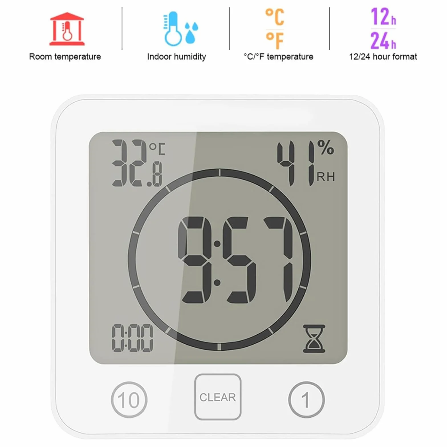 OurLeeme Reloj de Ducha a Prueba de Agua Diario, Cuarto de baño Ducha Temporizador Alarma Temperatura Humedad Pantalla Control táctil Reloj de Cuenta Regresiva (Blanco)