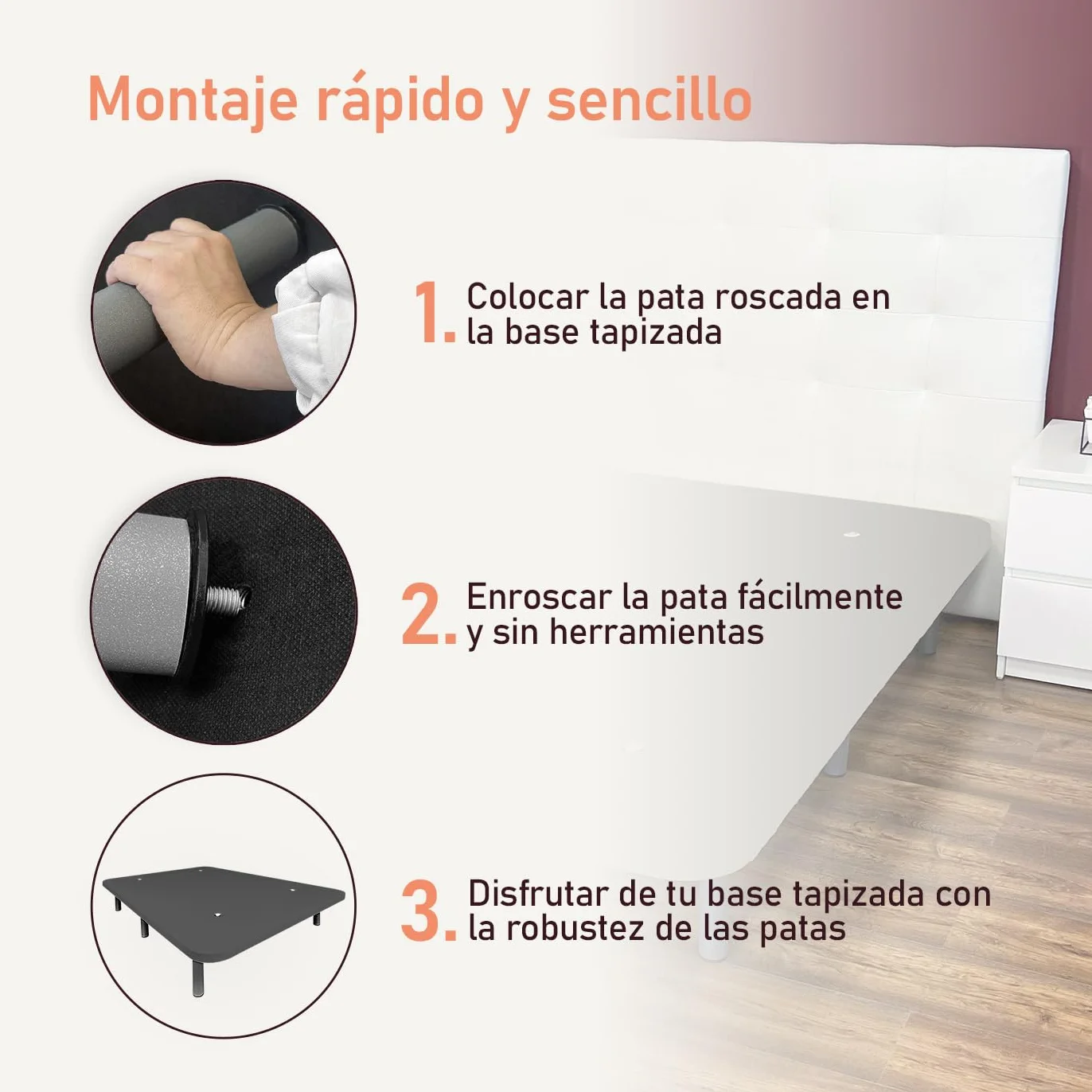 amuéblate Online - Cama Completa con Colchón Carla Reversible + Base Tapizada Extra Resistente con 6 Patas Cilíndricas Metálicas Roscadas, 135 x 190, Gris Oscuro
