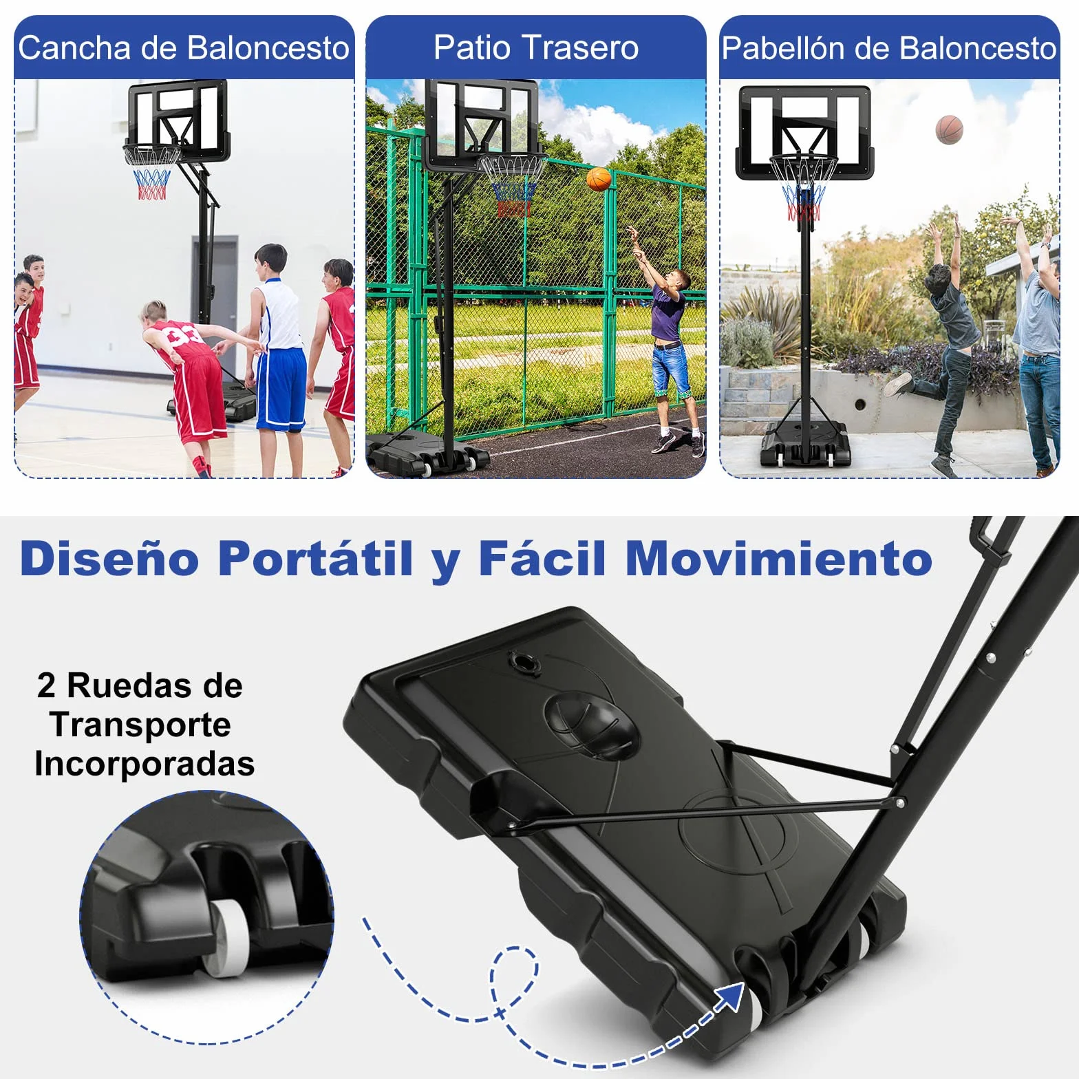 COSTWAY Canasta Baloncesto Altura Ajustable 10 Niveles 143cm-305cm Portátil con Ruedas Base Rellenable