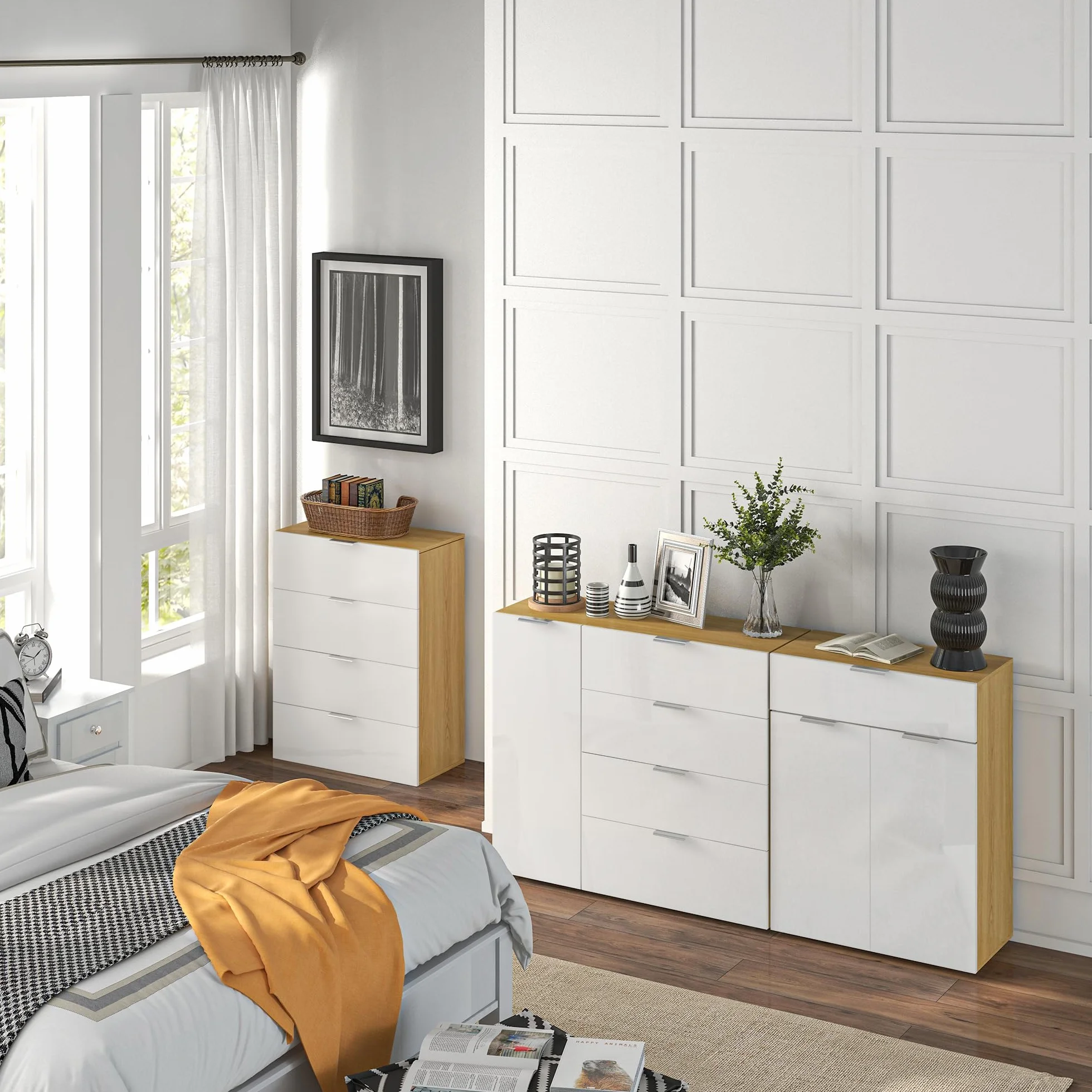 HOMCOM Cómoda de Dormitorio Aparador de Salón con 4 Cajones de de Alto Brillo Puerta y Estantes Ajustables para Comedor 105x35x92 cm Blanco y Natural