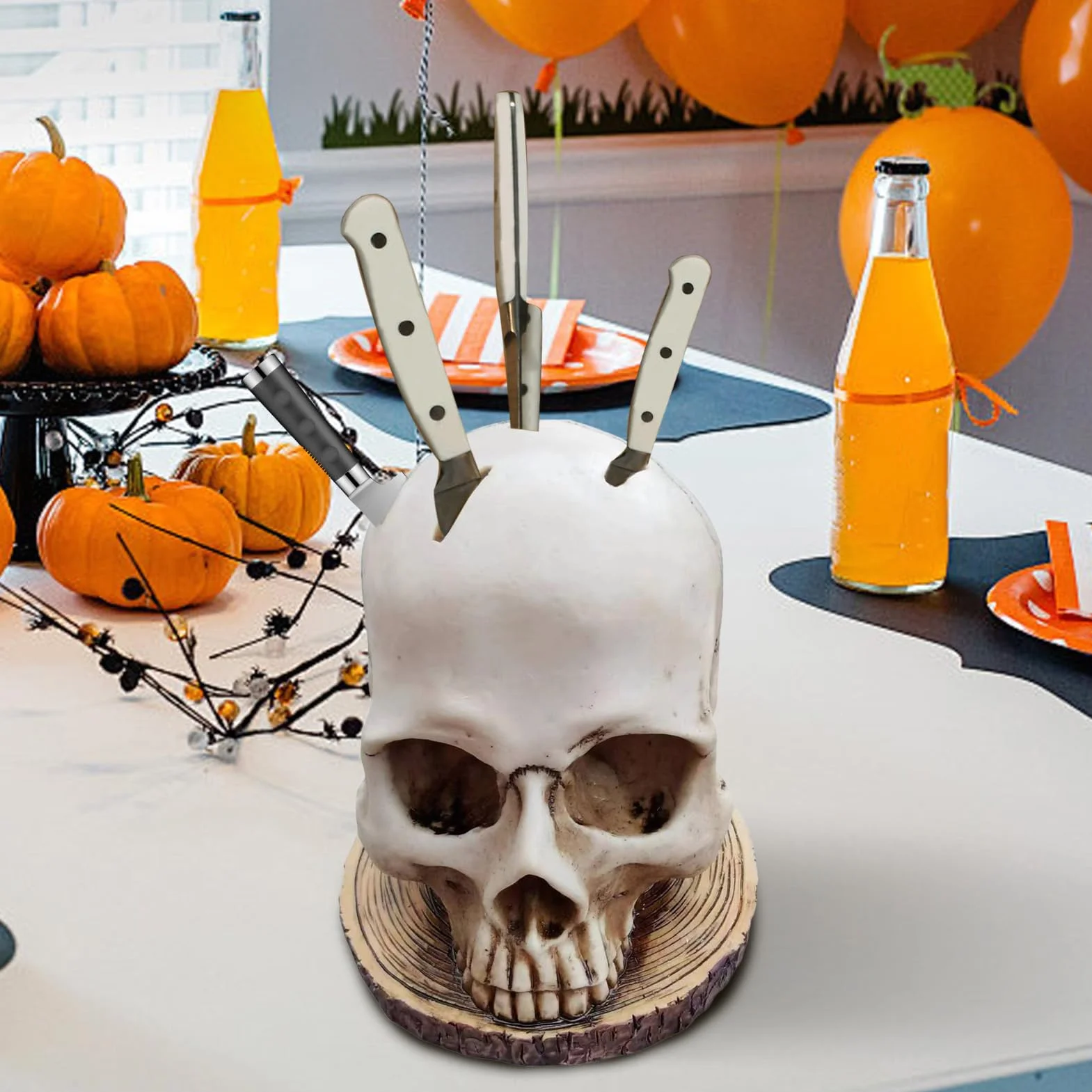 Portacuchillos cráneo, bloque de cuchillos cráneo | Bloque de cuchillos espeluznantes de Halloween | Soporte de cocina con forma de cabeza de horror, bloque de cuchillos de cocina gótico para