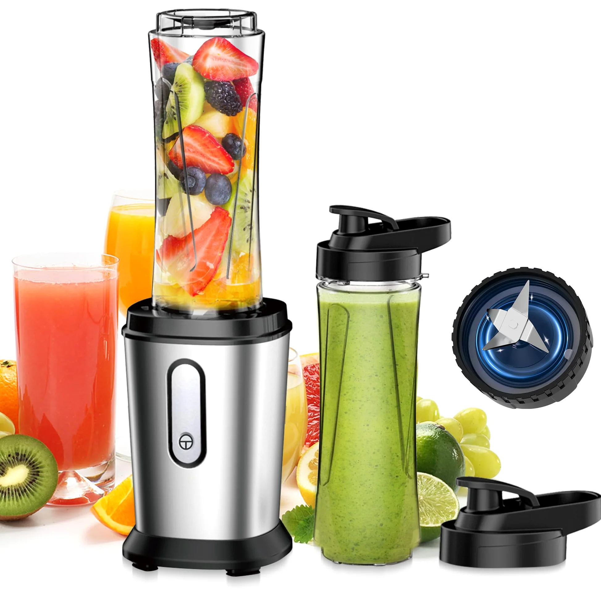 Batidora de Vaso, 500W Mini Portatil Batidora de Vaso Smoothies Individual con 2 Botellas de 600 ml de Plástico Tritan, Licuadora para Zumos, Batidos, Verduras, Frutas