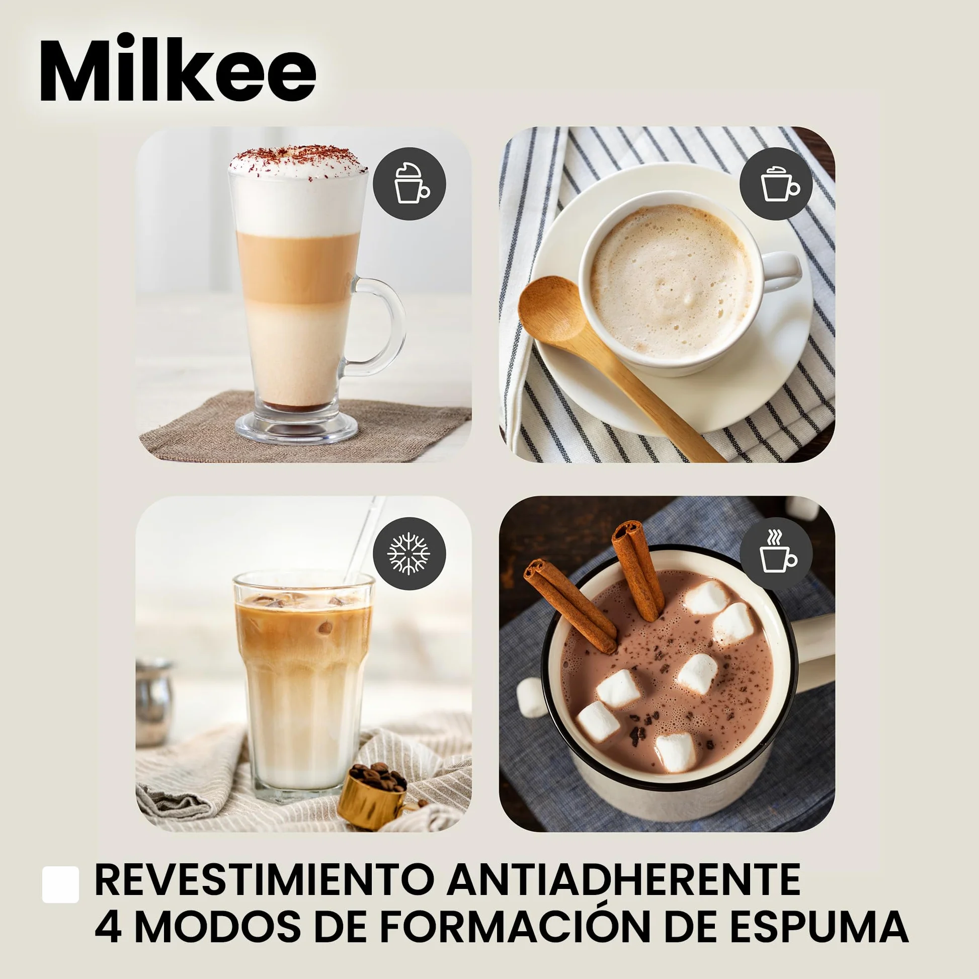 Zeegma Milkee - Espumador de Leche Eléctrico Milkee 650ml, Potencia de 500W, 4 Modos para Espumar y Calentar, Diseño Moderno con Mango de Madera, Fácil de Limpiar, Revestimiento Antiadherente - Blanco