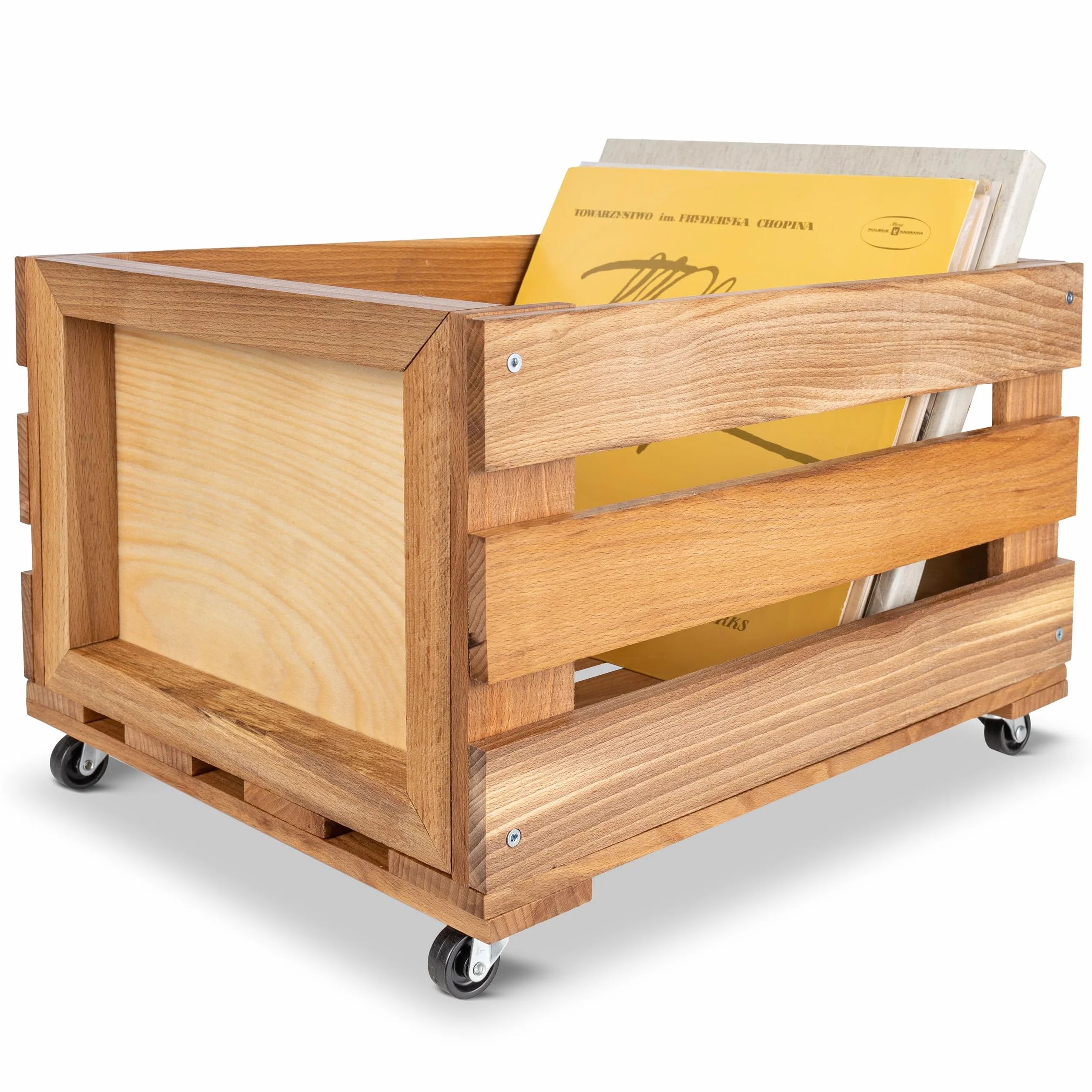 Creative DECO Caja de Madera para Discos de Vinilo con Pizarra | 80 discos | 46x36x29 cm (+/- 1 cm) | Mueble Soporte Cajón con Ruedas Porta Vinilos | Madera de Haya | Cesta para Fruta, Vino, Juguetes