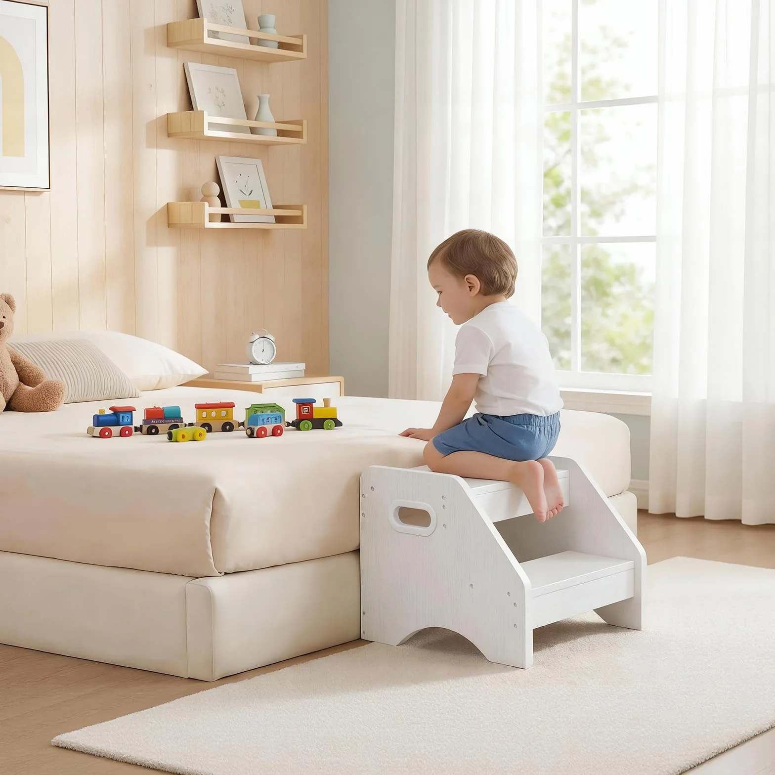 HOOBRO Taburete para Niños de 2 Peldaños en Forma de Trapecio, Asas y Alfombrillas Antideslizantes, Taburete Infantil, Carga 30 kg, para Niños de 3 a 8 años, para Salón, Dormitorio, Blanco EWT28JD01