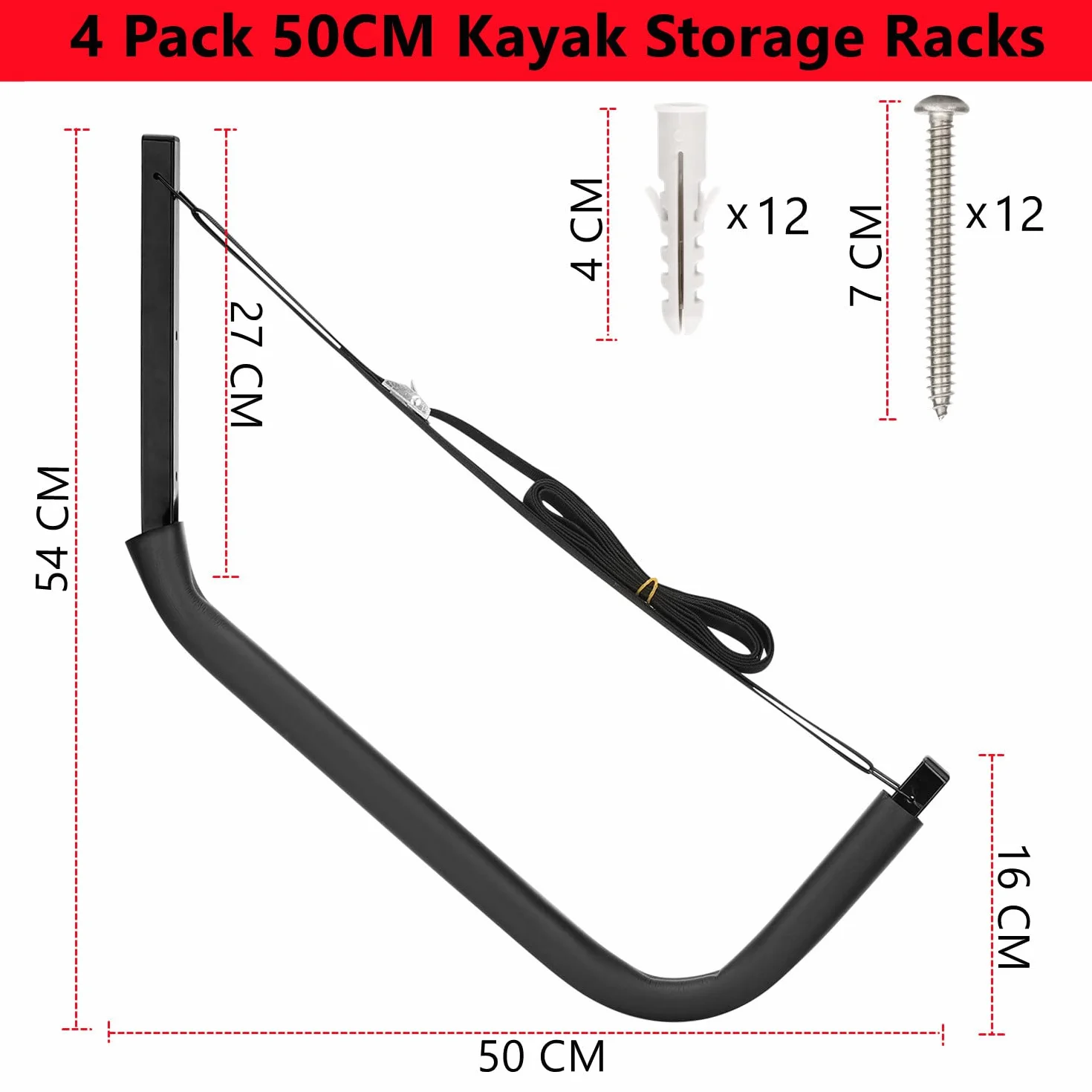 Soporte de pared para kayak, ganchos de garaje para canoa, sistema de almacenamiento, carga máxima 68 kg (54x50 cm)
