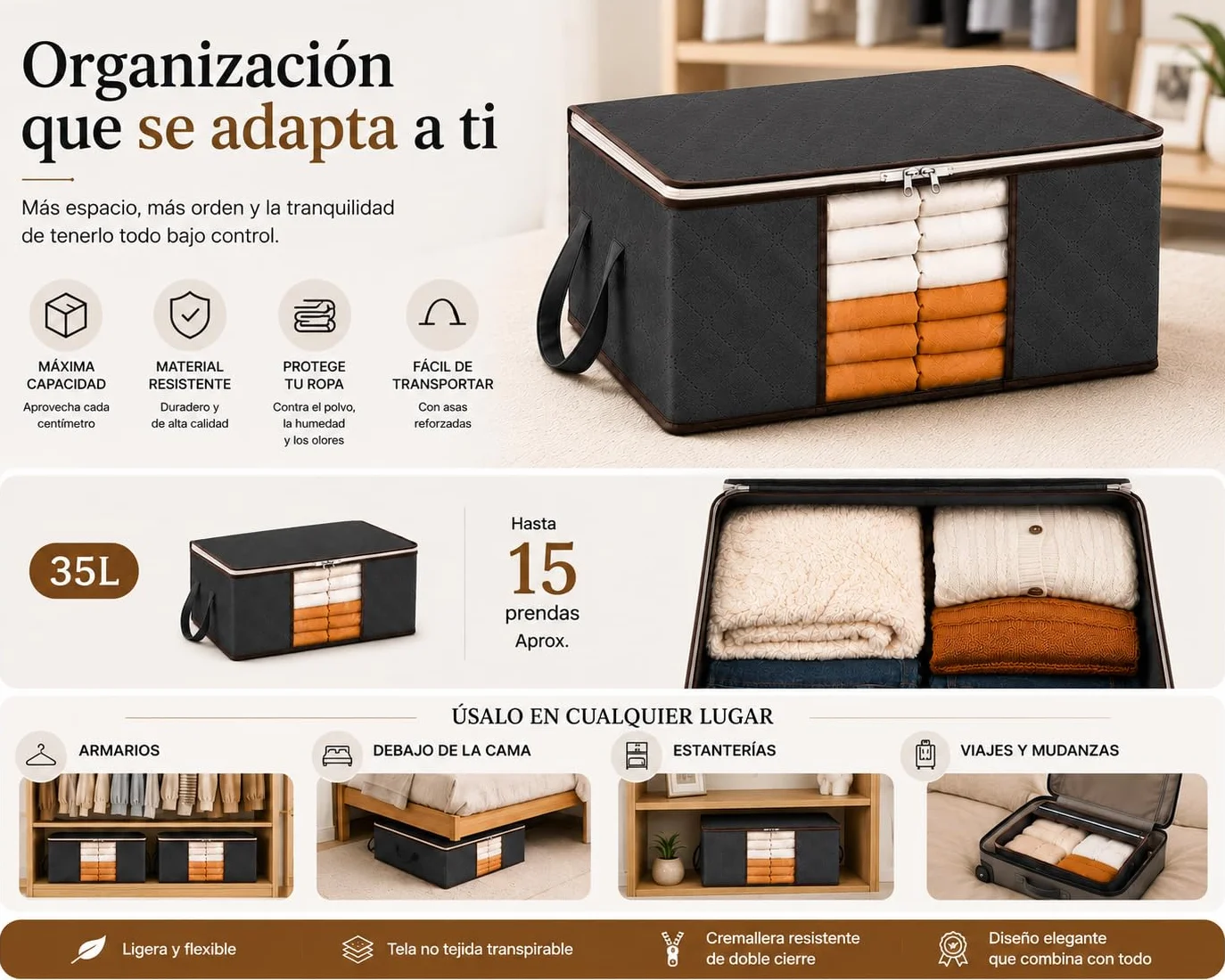 Bolsas de Almacenamiento Ropa 35L Pack 4 – Organizadores Armario con Ventana Transparente – Cajas de Tela para Guardar Ropa, Mantas, Edredones y Cambio de Temporada