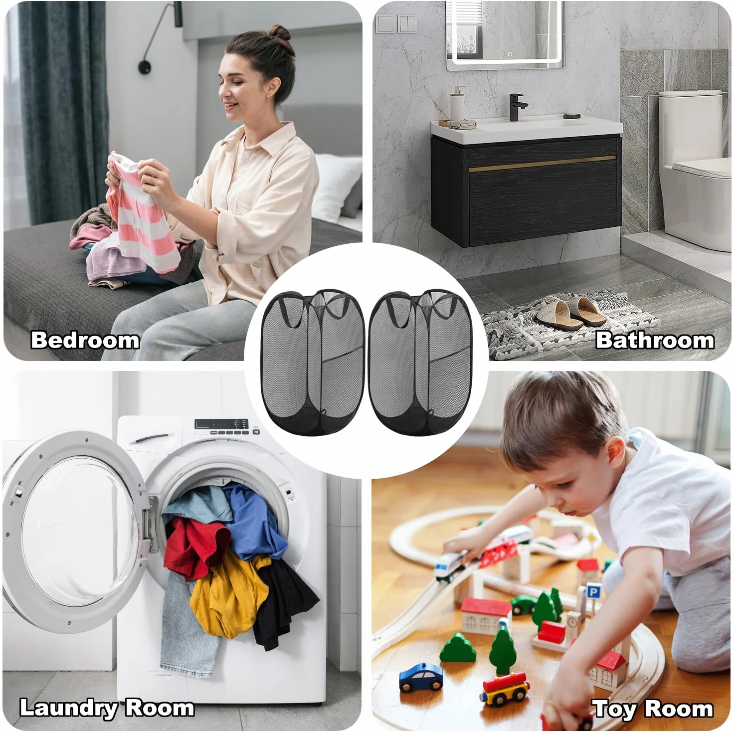 2 Piezas Cesto Ropa Plegable 36 * 36 * 60 cm, Cesto Ropa Sucia Plegable de Malla con Asas, Pop-Up Malla Laundry Basket, Cestos para Lavandería Plegables, para Almacenamiento de Ropa y Juguetes