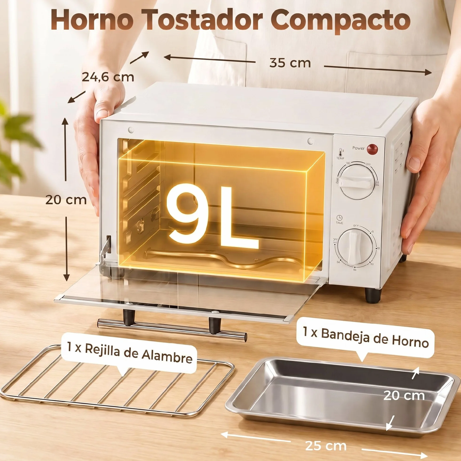 HOMCOM Horno Eléctrico de Sobremesa Horno Sobremesa de 9L 750W con Temperatura Ajustable hasta 230°C Temporizador 60min y Bandeja para Hornear Parrilla Crema