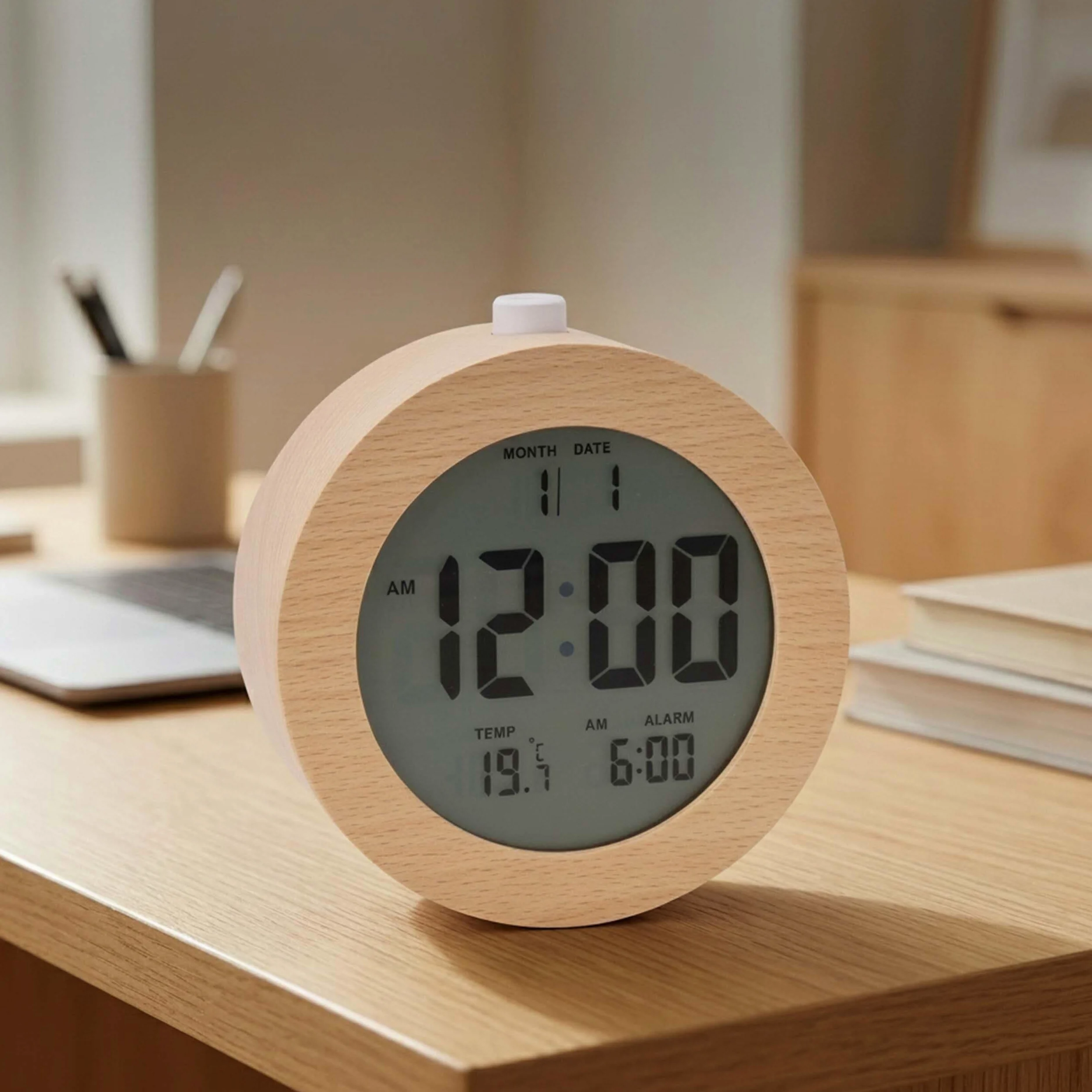 Relaxdays Despertador Digital de Madera con indicador de Fecha y Temperatura, función de repetición, luz, Reloj Despertador Digital Redondo, Color Natural