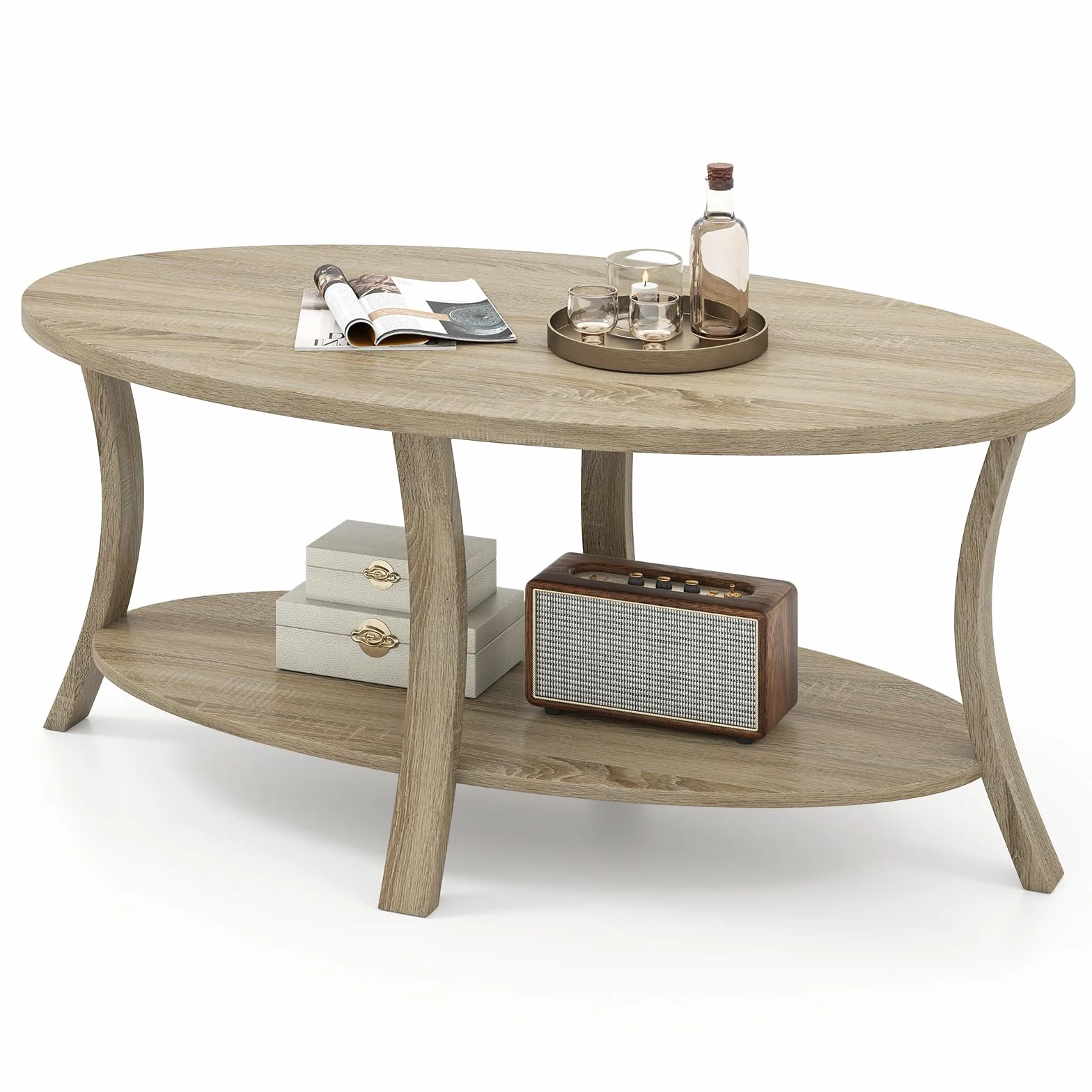 LIFEZEAL Mesa de Centro Ovalada de Madera de Caucho, Mesa de Centro de 2 Niveles con Estante de Almacenaje, Mesa Rústica para Salón, Hogar, Oficina, 111 x 60,5 x 47 cm (Natural)