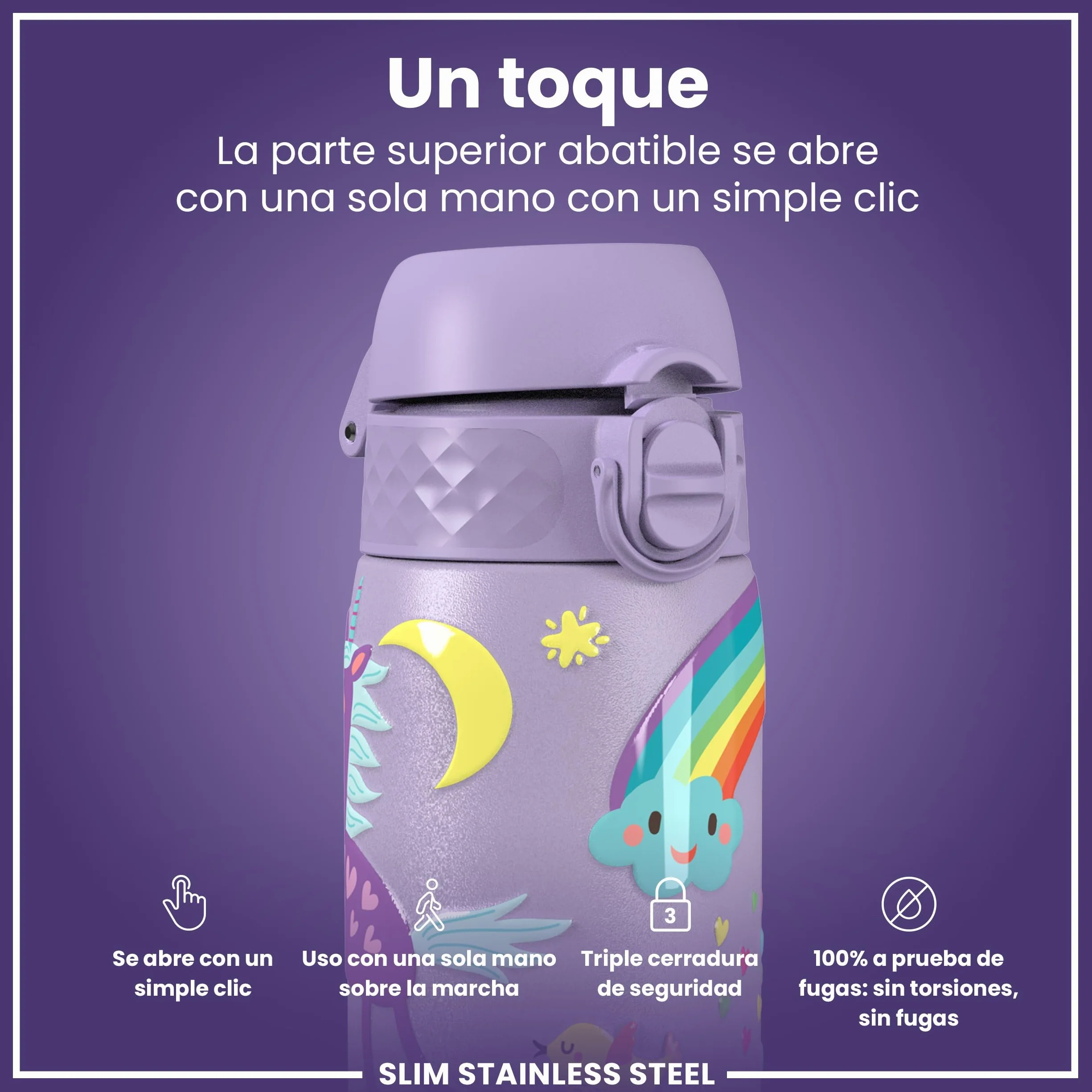 ion8 Botella Agua Inox 600ml Sin Aislamiento a Prueba de Fugas Fácil de Abrir Cerradura Segura Unicornios Púrpura