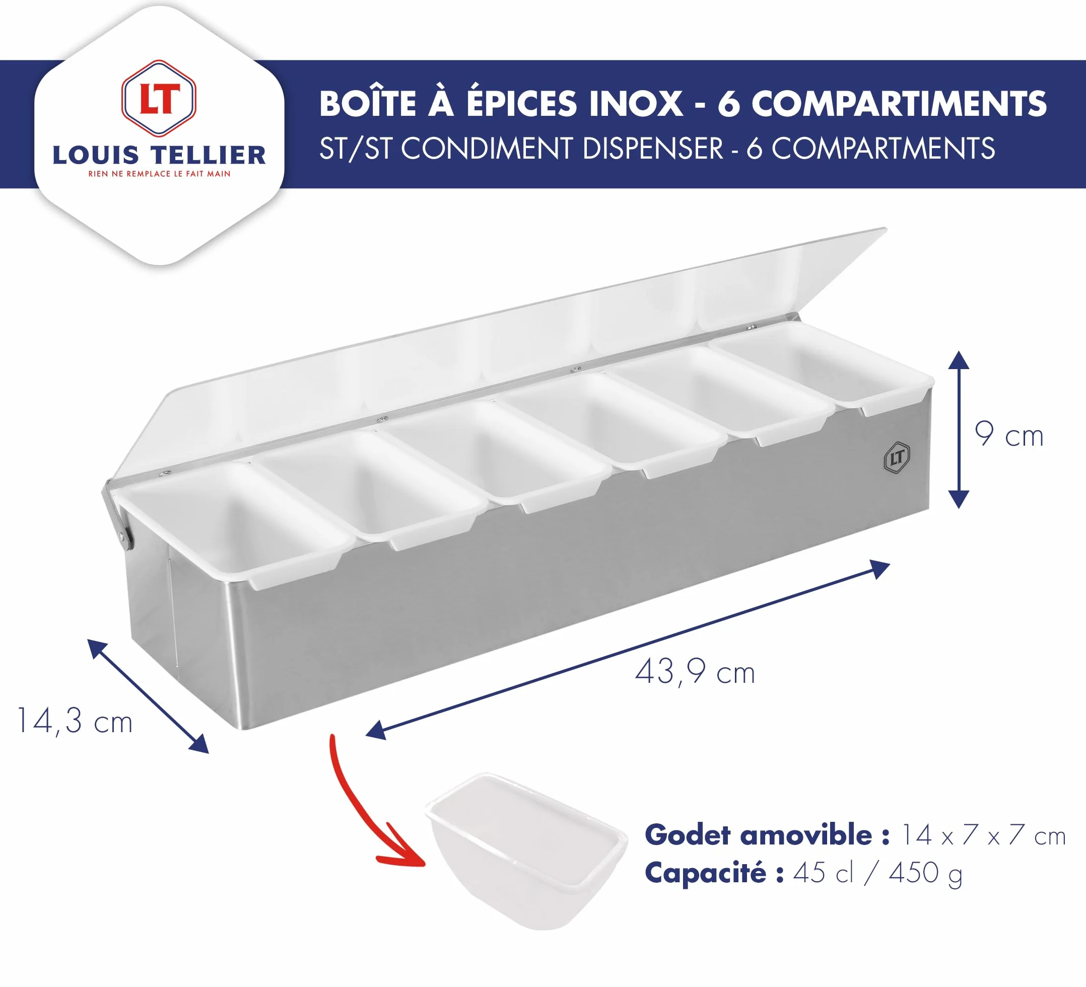 LOUIS TELLIER – Caja de especias y condimentos con 6 compartimentos – INOX – Práctico expositor y dispensador para especias, ingredientes y rellenos a mano – Calidad profesional