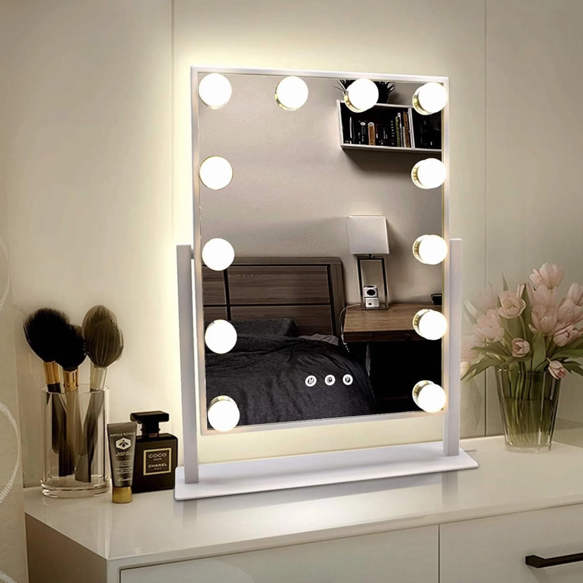 Espejo de Maquillaje con Iluminación LED, 15 Bombillas, 3 Modos de Luz, Control Táctil, USB Recargable, Aumento
