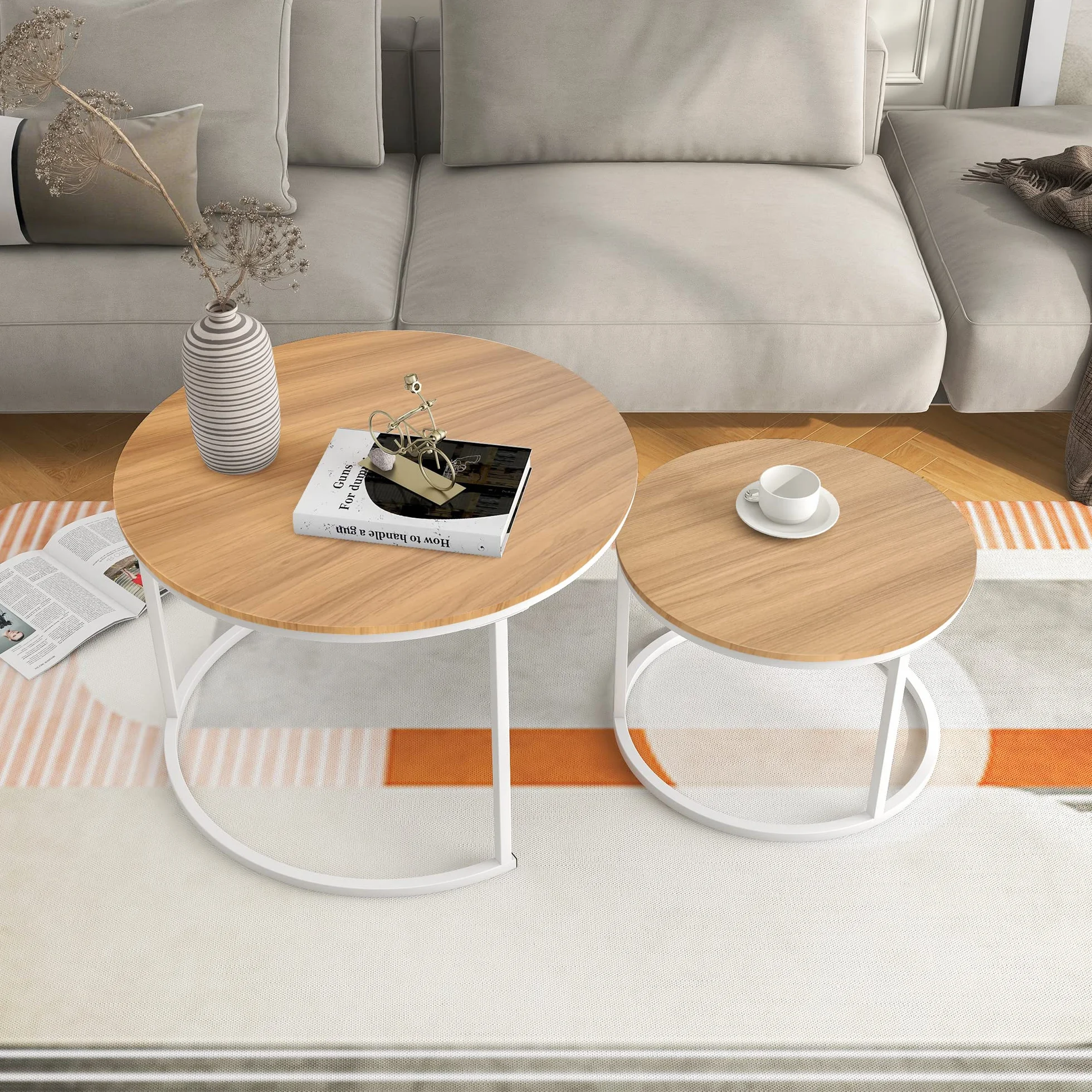 BOFENG Mesa de Centro Redonda Anidable, Juego de 2 Mesas Auxiliares para Sala de Estar/Dormitorio/Espacio Pequeño, Fácil Montaje (Blanco+Roble Oscuro, Juego de 2)