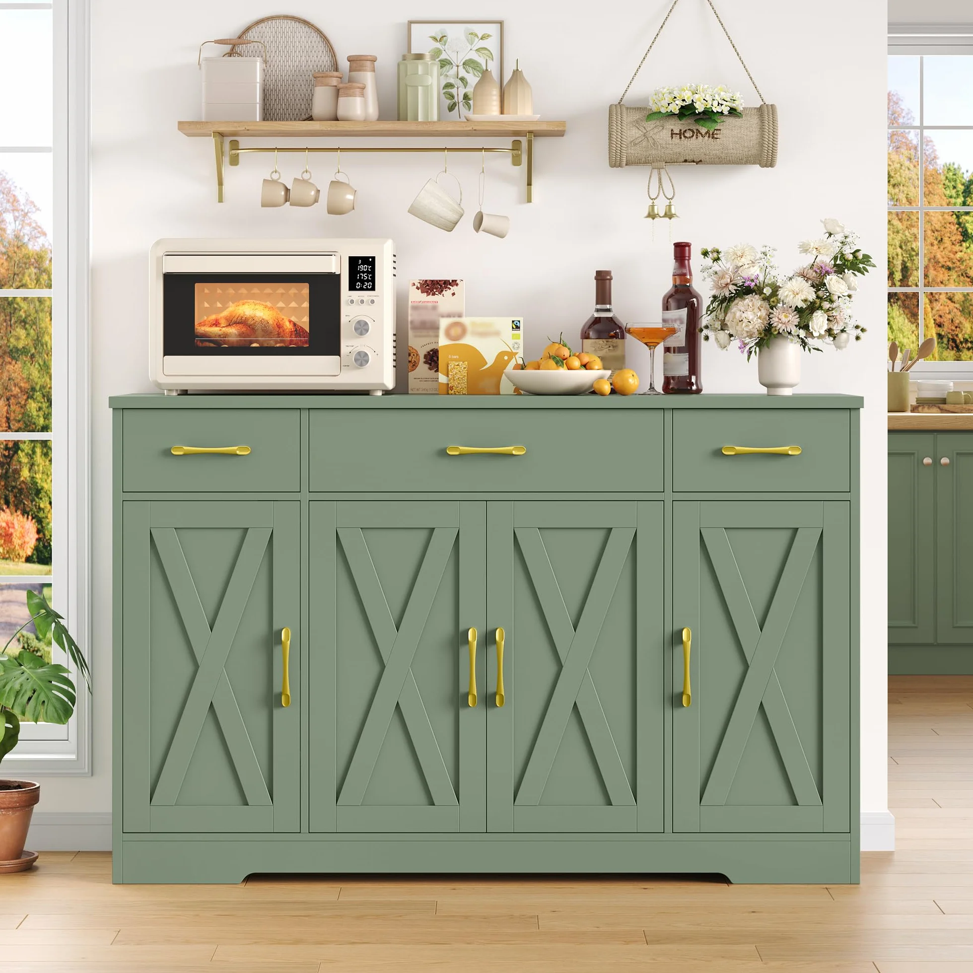 HOCSOK Aparador 140cm, Armario de Cocina, Armario Almacenaje con 4 Puertas y 3 Cajones, Mueble Auxiliar de Cocina con Estantes, para Comedor Entrada Salón, Verde
