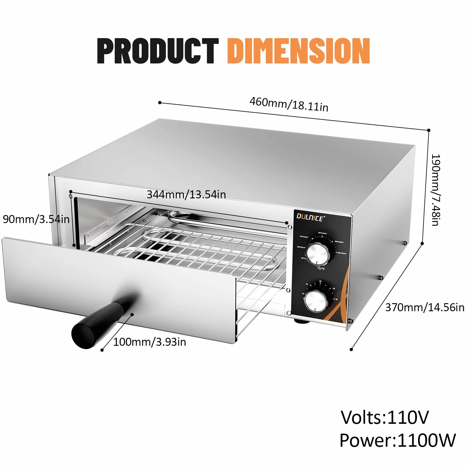 Horno eléctrico para pizza 1500W,Acero Inoxidable con 30 Minutos Temporizador, Rango de Temperatura 50-300℃, Ideal para Familia y Comercio