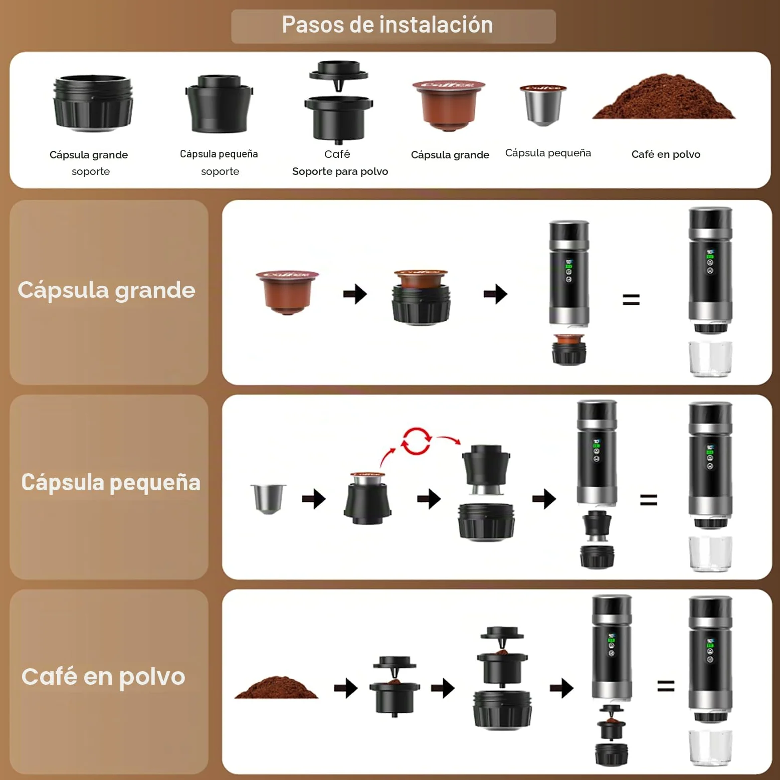 VHV Mini máquina de café inalámbrica de 90 ml, 3 en 1, con USB, compatible con cápsulas y café molido, gadgets de autocaravana y regalos de camping (gris)