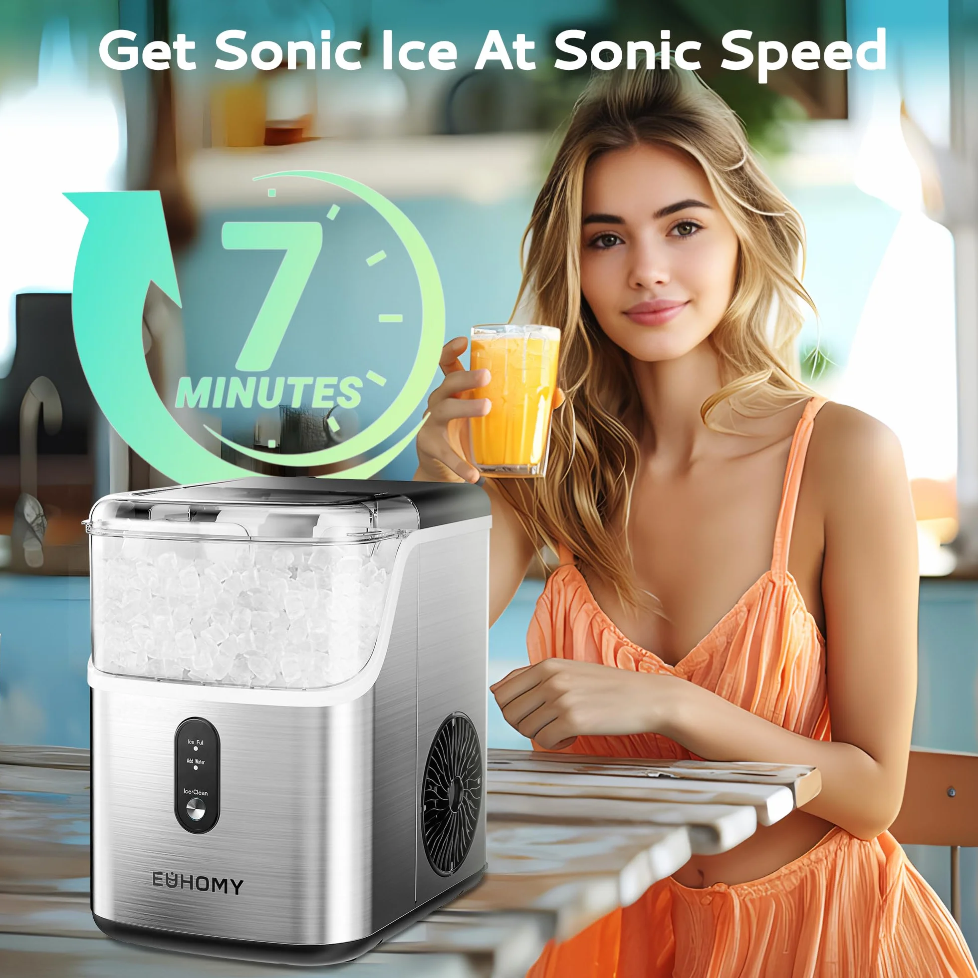 EUHOMY Nugget - Encimera para hacer hielo, máquina para hacer hielo de guijarros con hielo suave de 35 libras/24 horas, máquina de hielo sónico autolimpiable con cuchara de hielo y cesta, máquina de