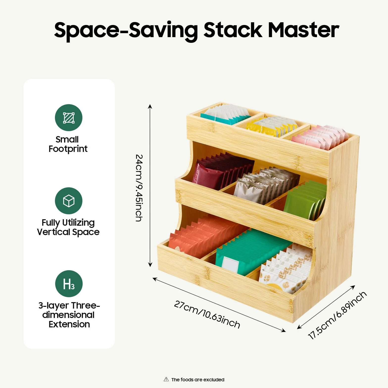 Organizador de bolsas de té de bambú con 9 compartimentos y 3 niveles (27 x 17,5 x 24 cm), capacidad de carga de 5 kg, para casa, oficina y cafetería, diseño sostenible
