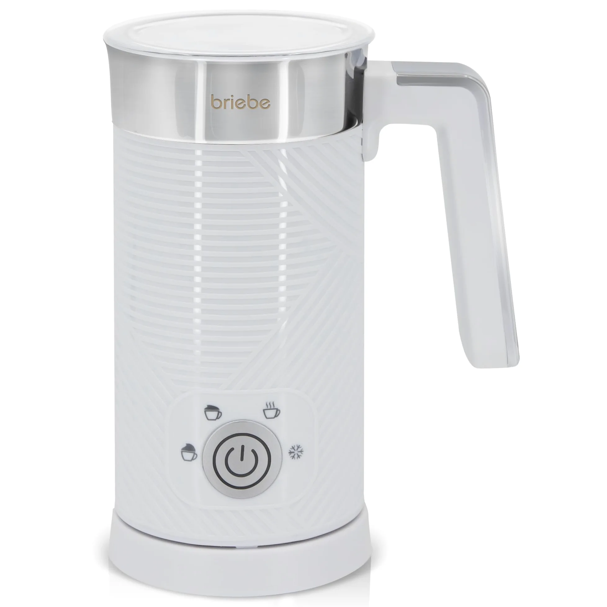 briebe Elegance Espumador de Leche Eléctrico Calentador 4 en 1, Espuma Fría/Caliente 130ml para Café Latte, Capuchino, Macchiato, Leche Caliente 300ml, Milk Frother, Libre BPA, 500W, Diseño Blanco