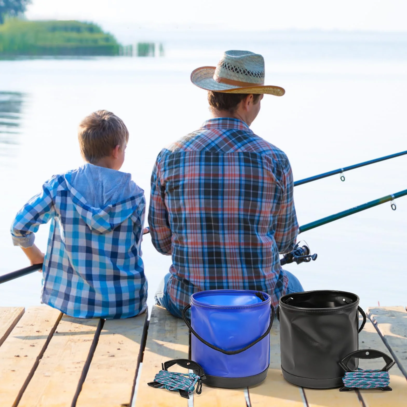 Cubeta de pesca plegable con cuerda contenedor