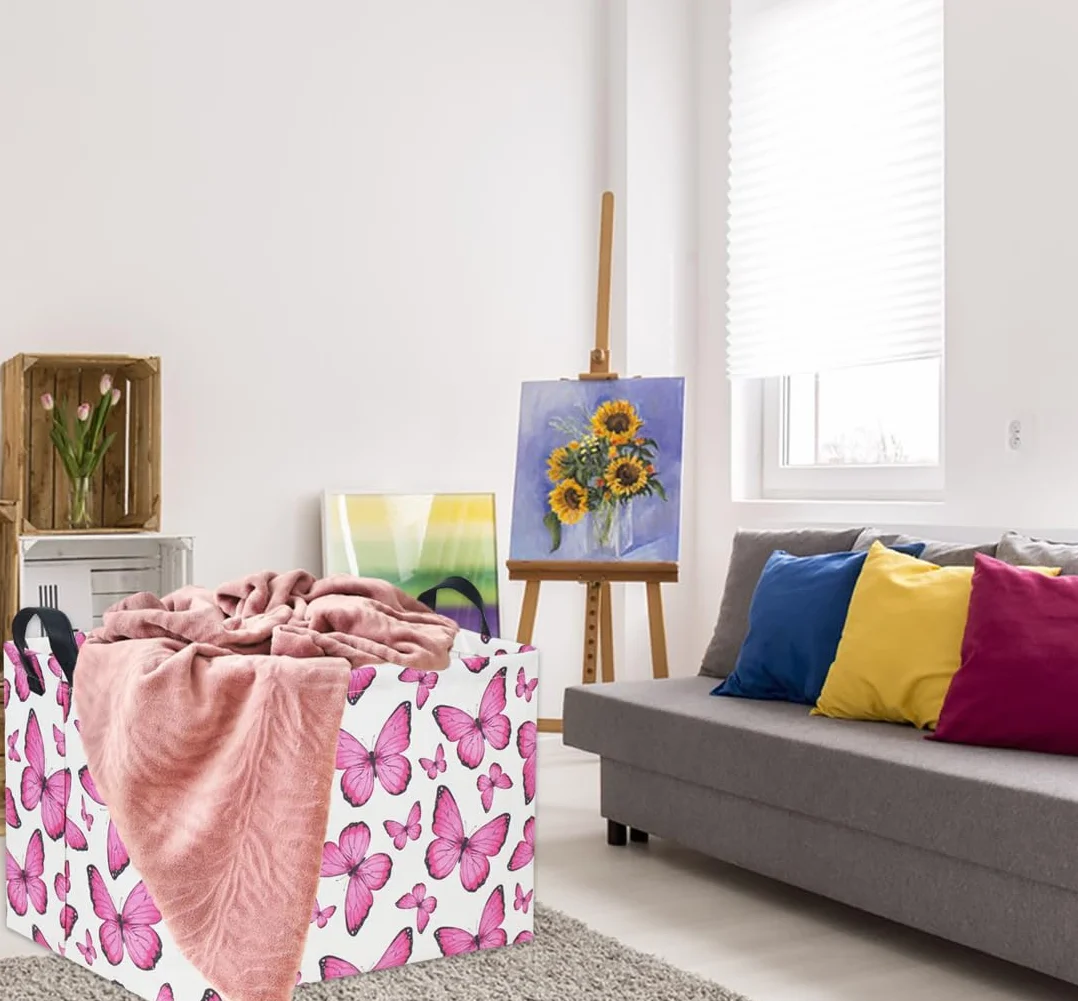 Cesta rectangular almacenamiento niños mariposa rosa bebé juguetes caja organizadora arco iris